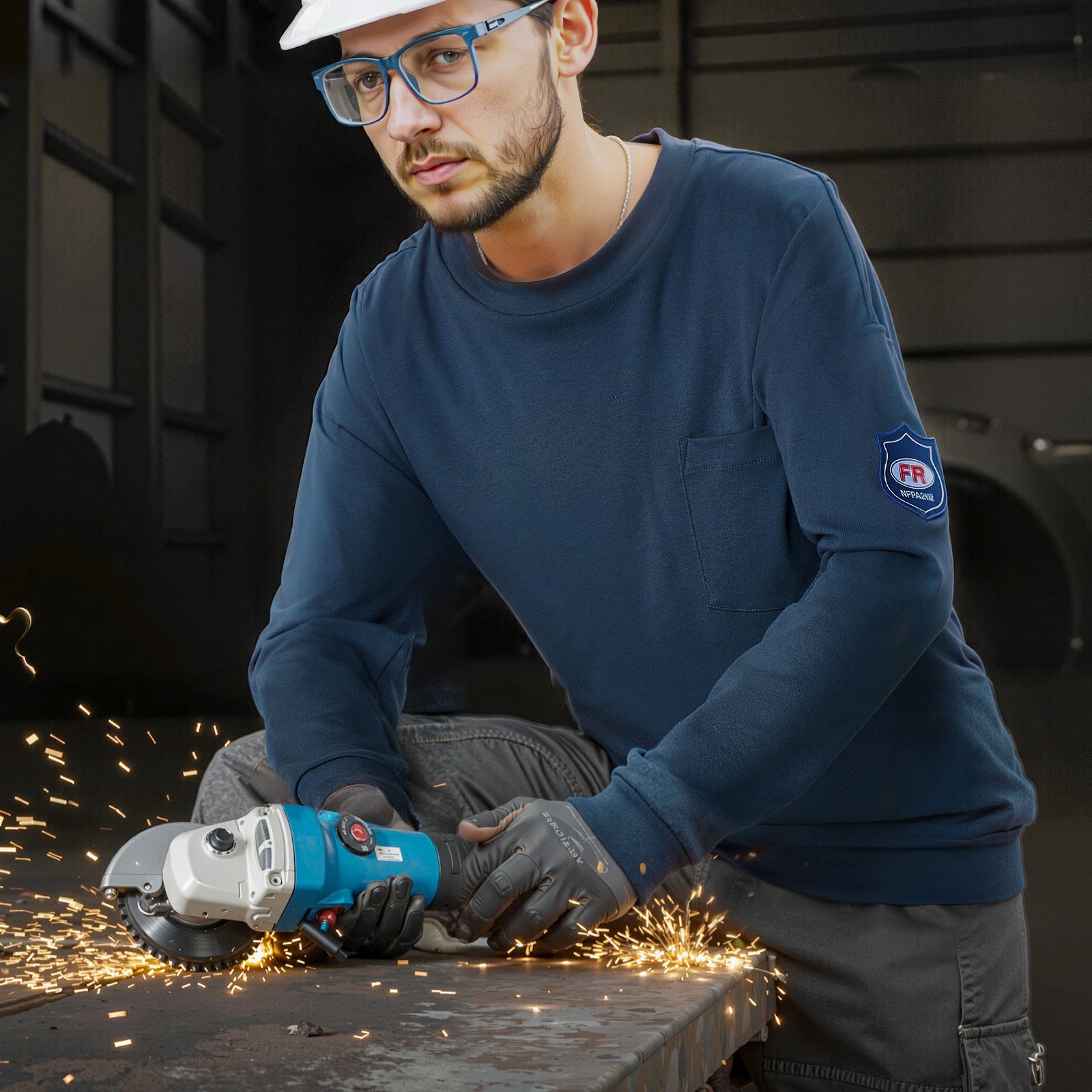 VEVOR FR Shirt Flame Resistant Long Sleeve Workwear for Men Navy Blue M