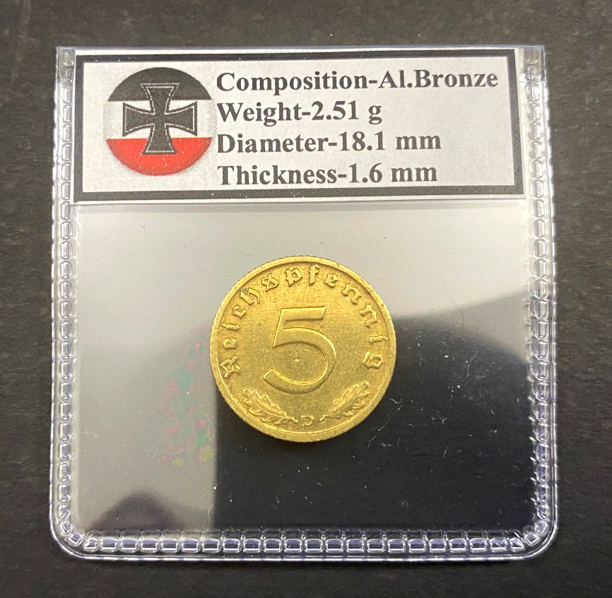 Germany WWII Era Third Reich Nazi Genuine 5 Pfennigs Coin 1936-1939 Al.Bronze