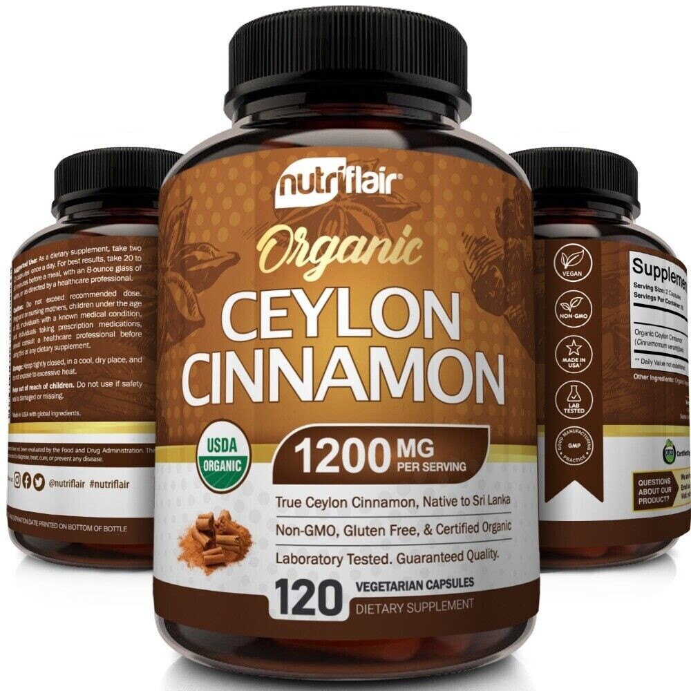 Organic Ceylon Cinnamon Capsules 1200mg - Maximum blood sugar support-120caps