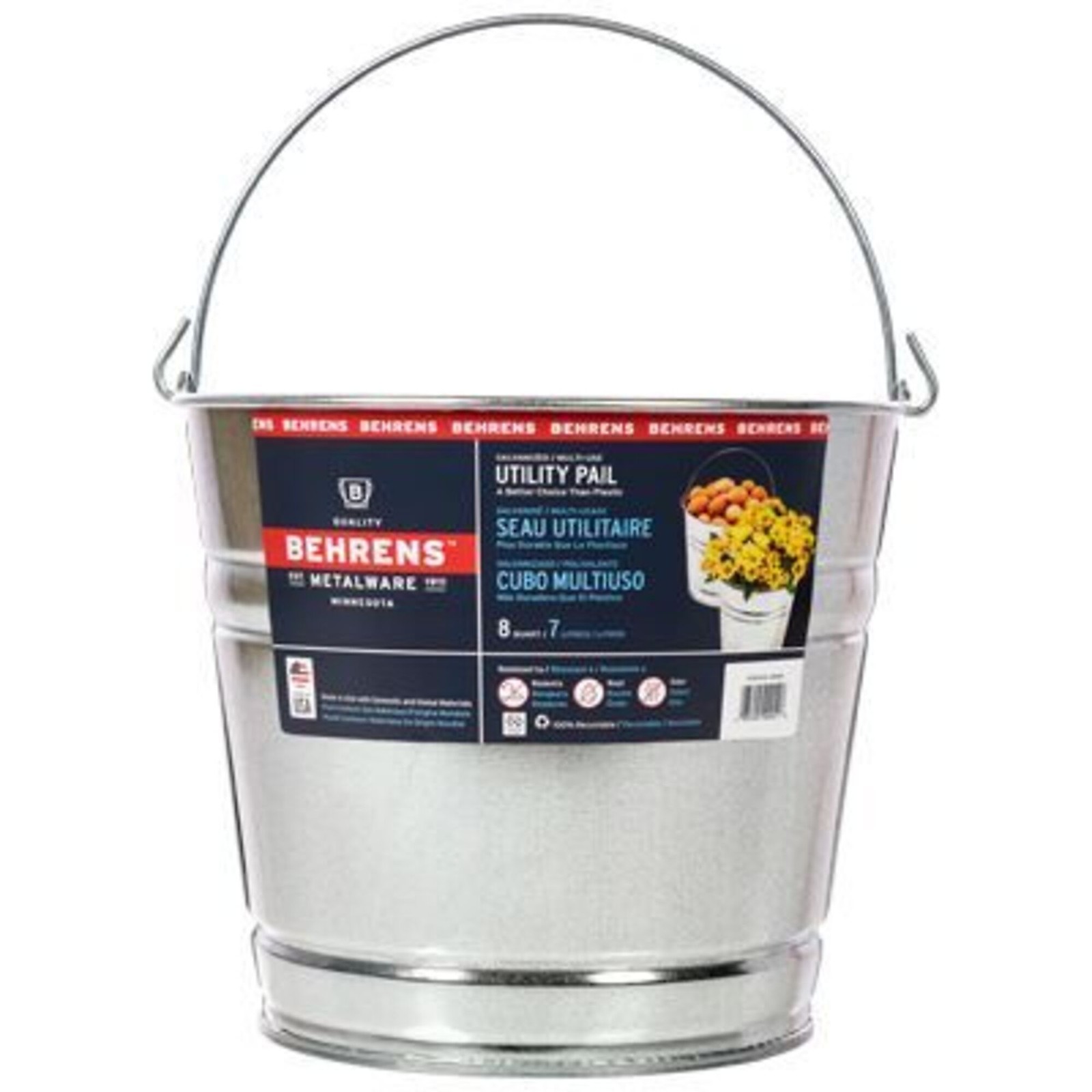 Behrens Metalware Classics, 8 Quart Galvanized Steel Pail, Capacity 2 Gal,