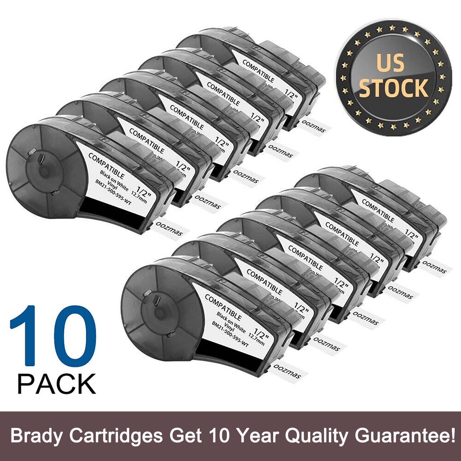 10PK For Brady BMP21-PLUS M21-500-595-WT Label Cartridge Black/White 1/2" x 21'