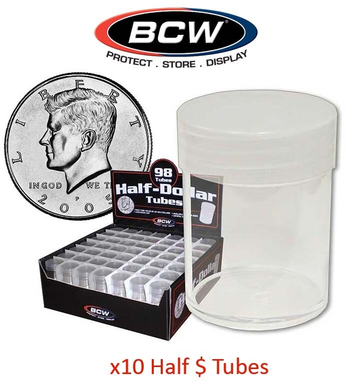 10 Round Half Dollar Coin Storage Tubes Clear Plastic Lot Screw Caps BCW Free Sh