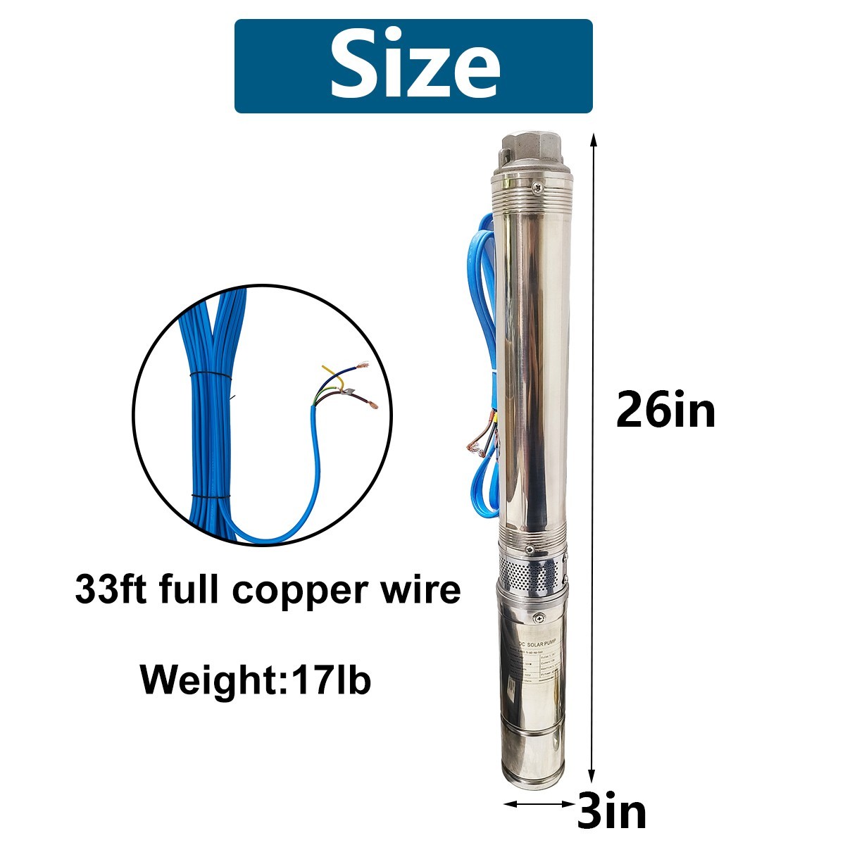 500W 3" DC 48V Solar Pump Submersible Pump Bore Deep Well Pump 33ft Copper Wire