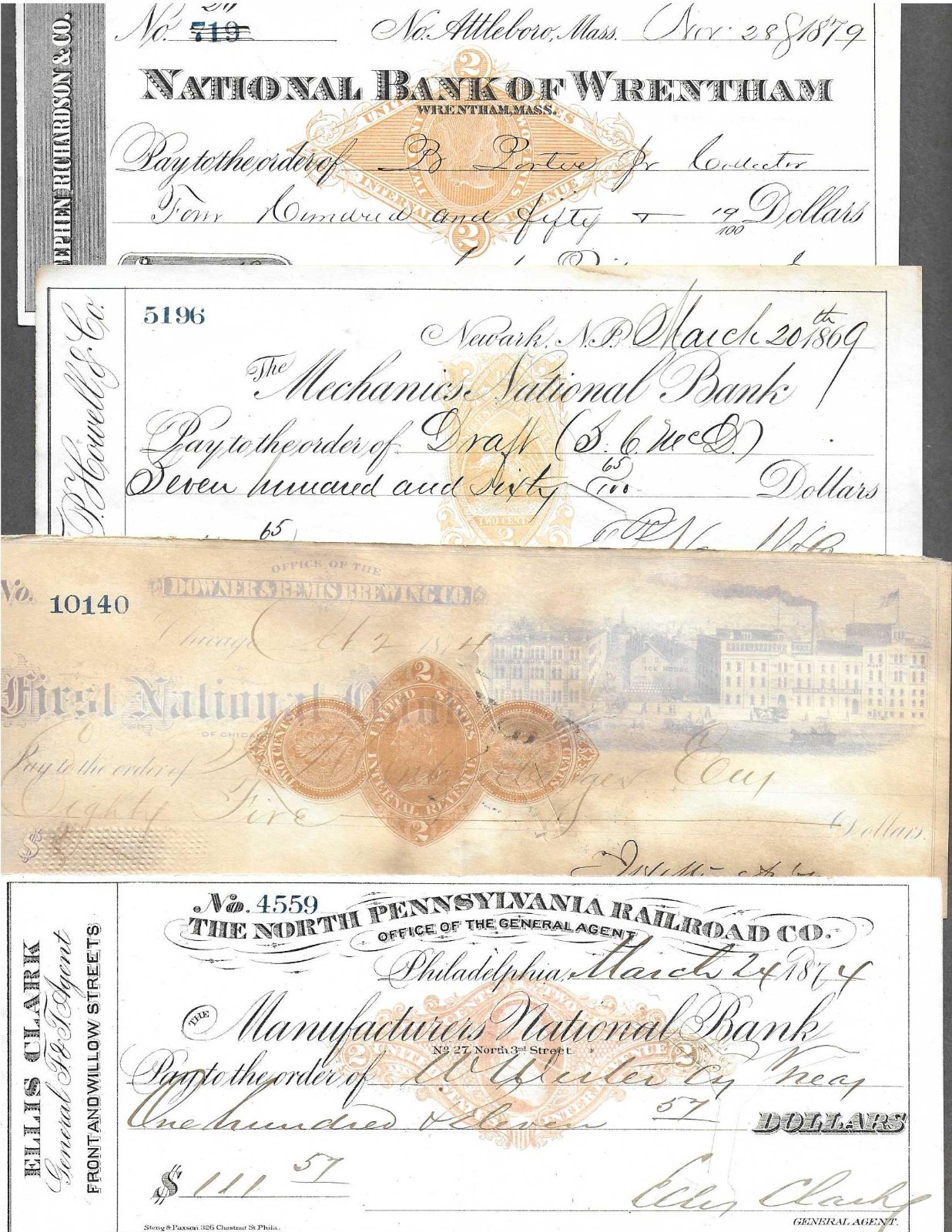 4 Bank Checks 1869-1879