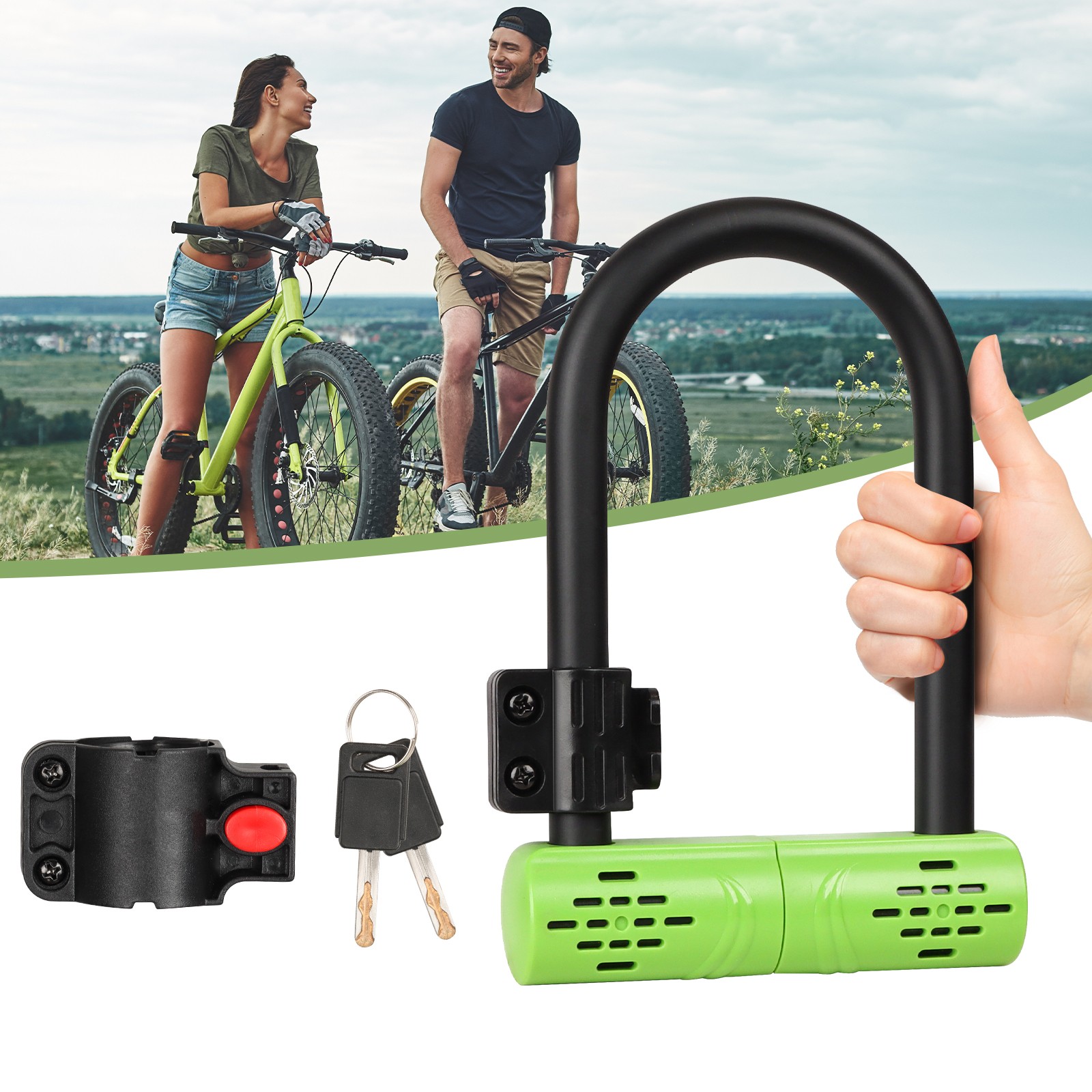 Heavy-Duty Bicycle U-lock Steel Bike Lock Anti Theft w/ lock frame Green Lock