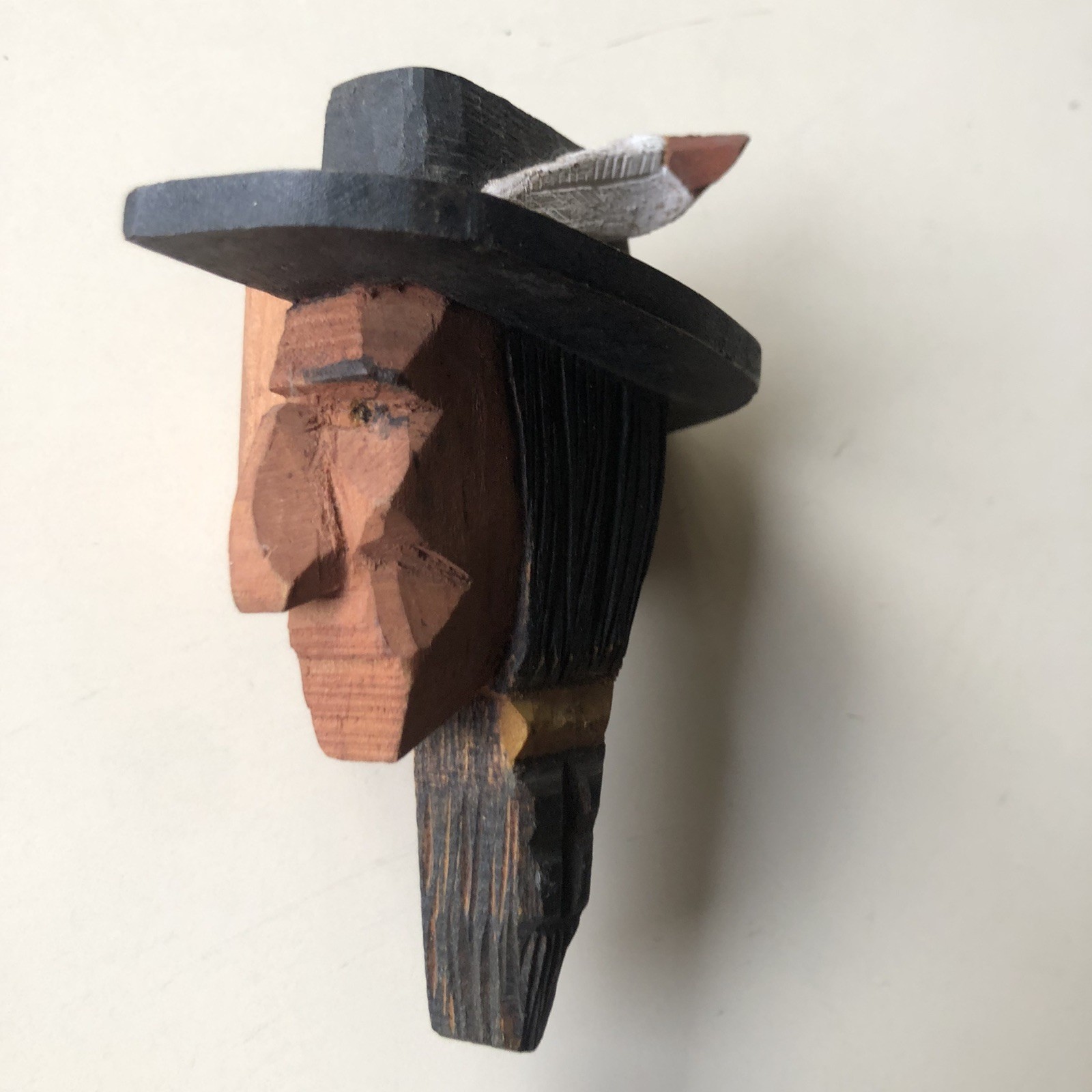 Hand Carved Painted Signed Wood Neckerchief Slide Native American Man AT