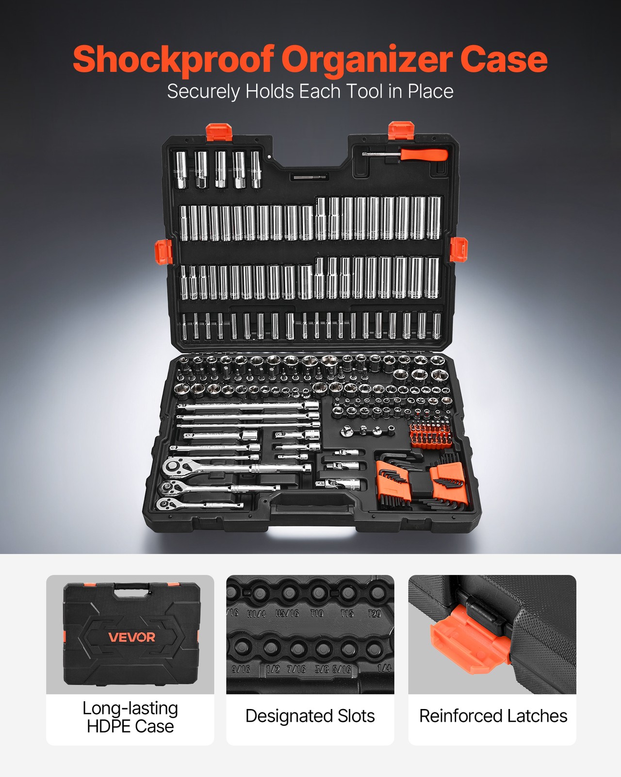 VEVOR Socket Set Socket Tool Set 225 Pieces 3/8 & 1/4 & 1/2 in Drive Auto Repair