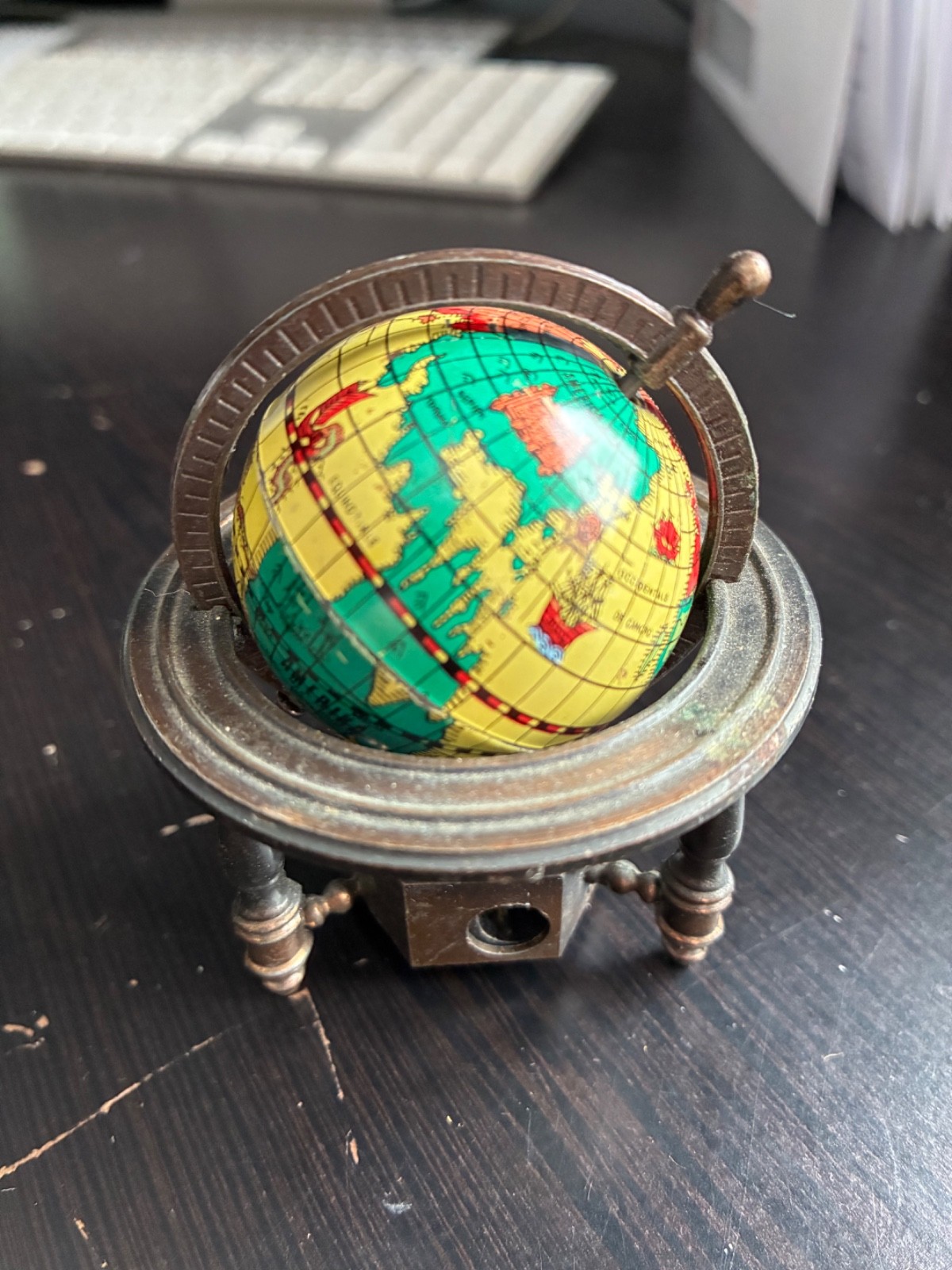 Vintage Metal Die-Cast Pencil Sharpener w/Miniature Replica Spinning Globe