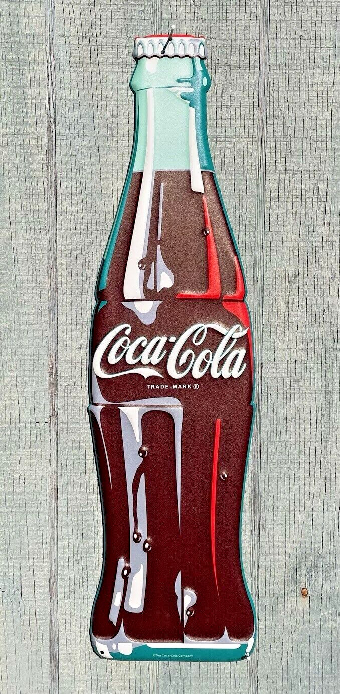 24in Classic Glass Coke Bottle Coca-Cola Die Cut Embossed Hanging Metal Sign
