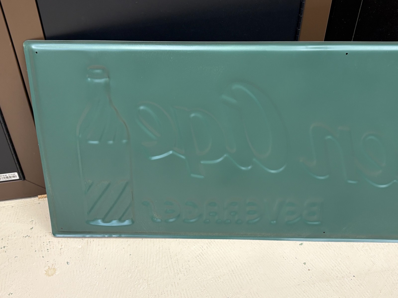 "GOLDEN AGE BEVERAGE" LARGE EMBOSSED METAL ADVERTISING SIGN (41"x 15") NICE