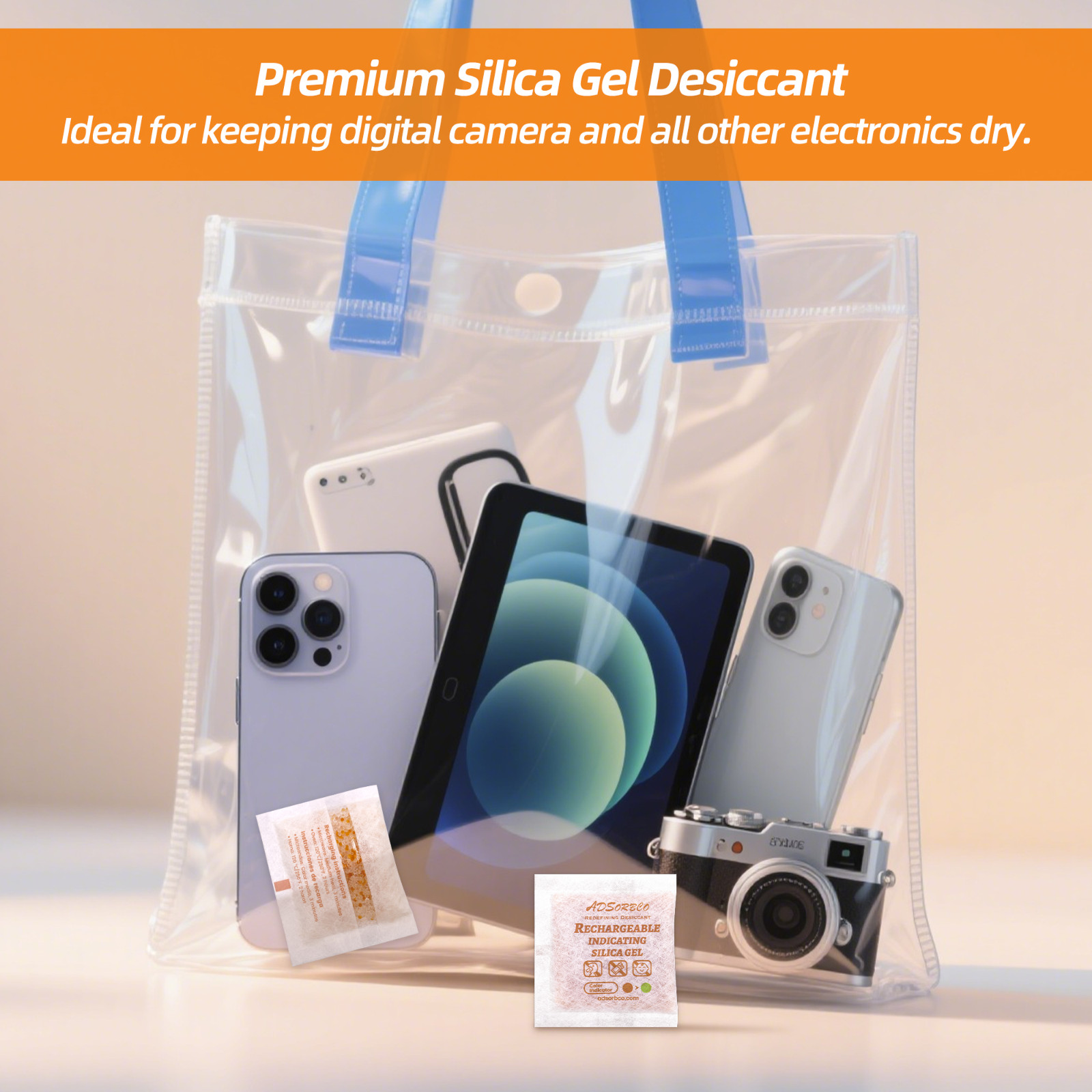 [2 Gram 100 Packages] Adsorbco Rechargeable 20% Orange + 80% White Silica Gel