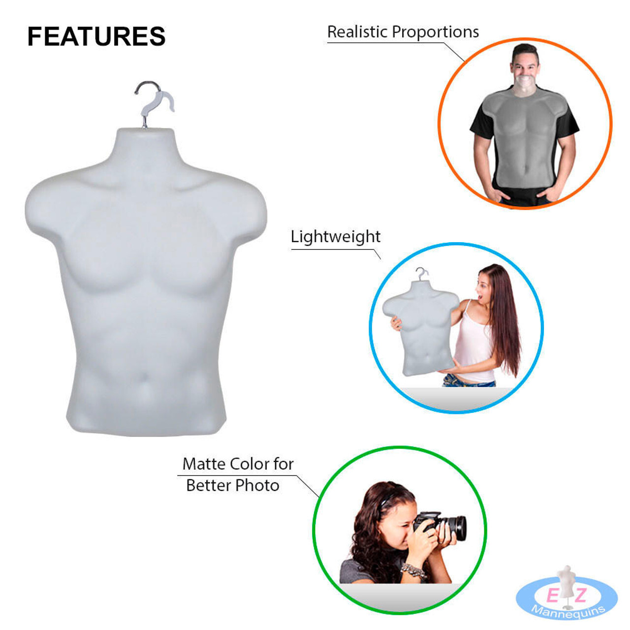 Male White Mannequin Hollow Back Counter Top Torso with Stand + Hanging Hook