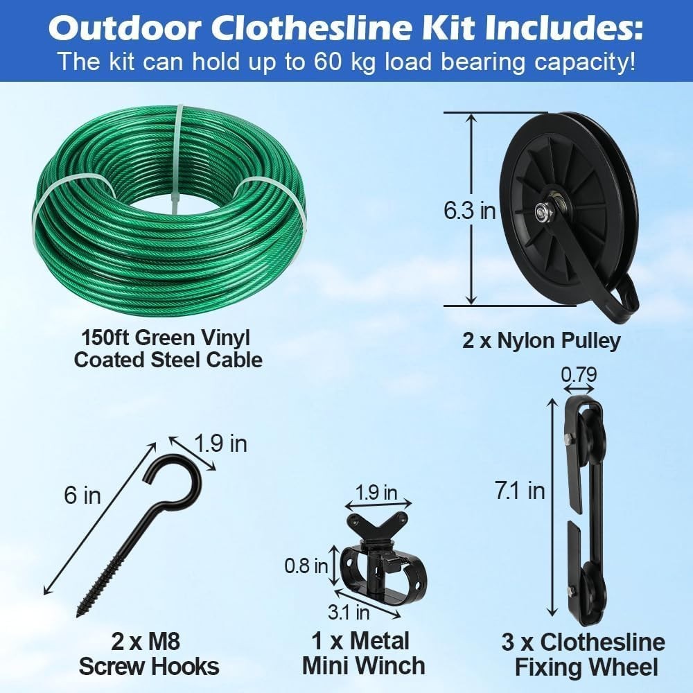 Outdoor Clothesline Kit, 150ft PVC Coated Galvanized Line with Pulley