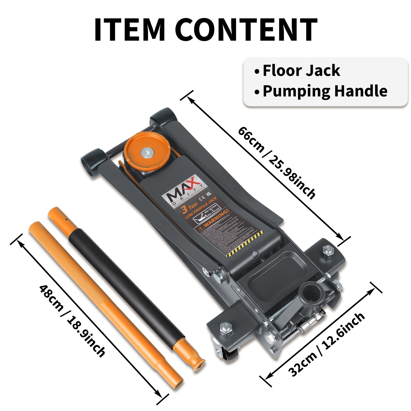 3 Ton Floor Jack Low Profile Rapid Dual Pistons Pump 2.9'' To 19.9'', Orange