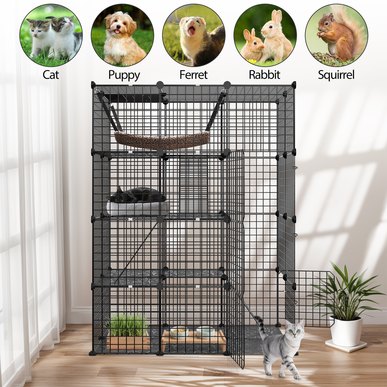 4-Tier Cat Cage DIY Enclosures Large Space Cat Crate Playpen with Hammock Black