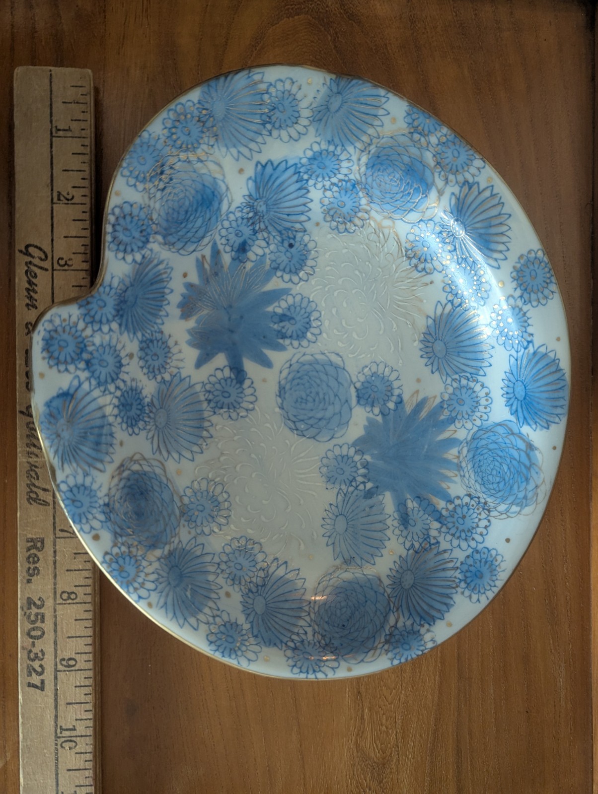 Vtg Kutani Gold Chrysanthemum Flower Japan Blue Trinket Dish Ashtray MCM Art