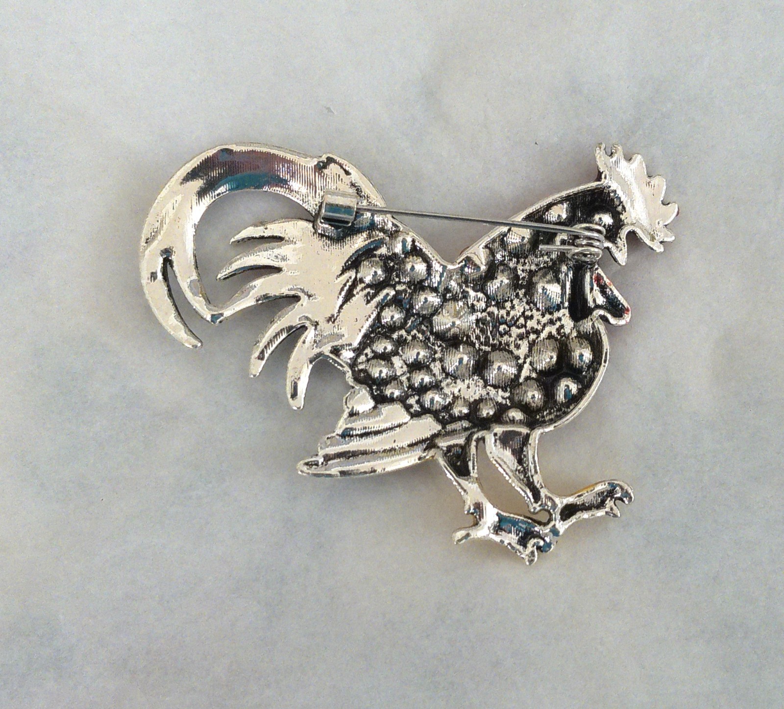 New Silvertone Rooster Chicken Red Crystals Multi Enamels as Accents Pin Brooch