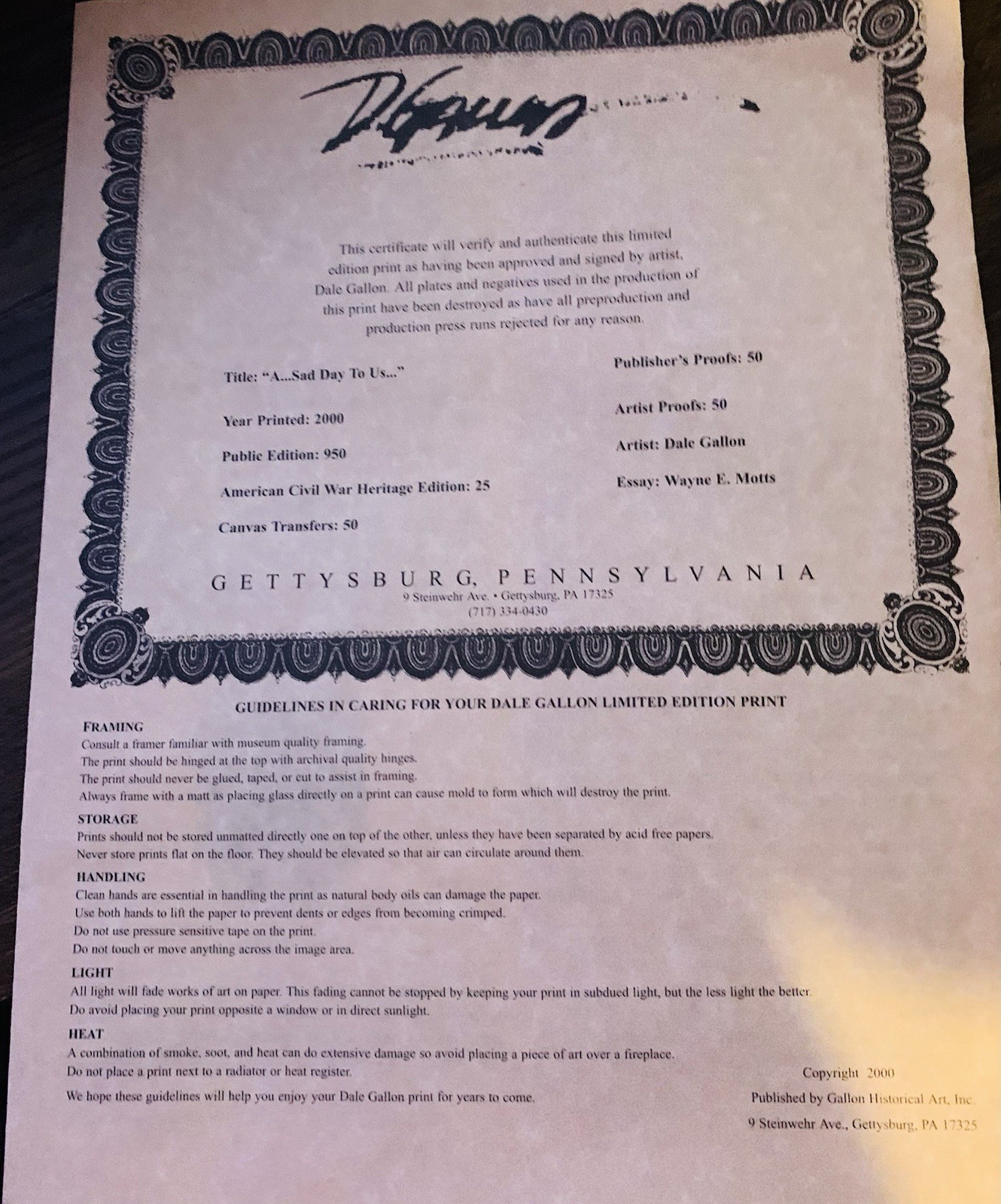 A…Sad Day To US… By Dale Gallon Signed And Numbered Professionally Framed