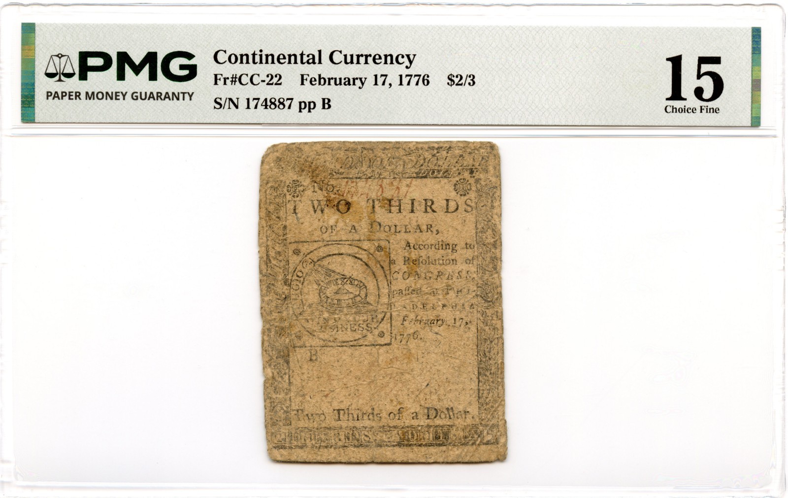 Continental Currency Fr#CC-22 February 17, 1776 $2/3 PMG F-15 *Fugio Note*