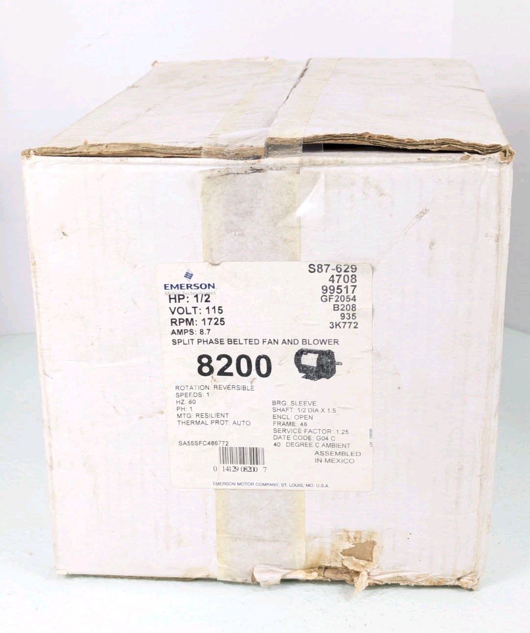Emerson 8200 Belt Drive Motor 60HZ, 1/2HP, 1725RPM, 8.7AMP, Reversable, Open Box