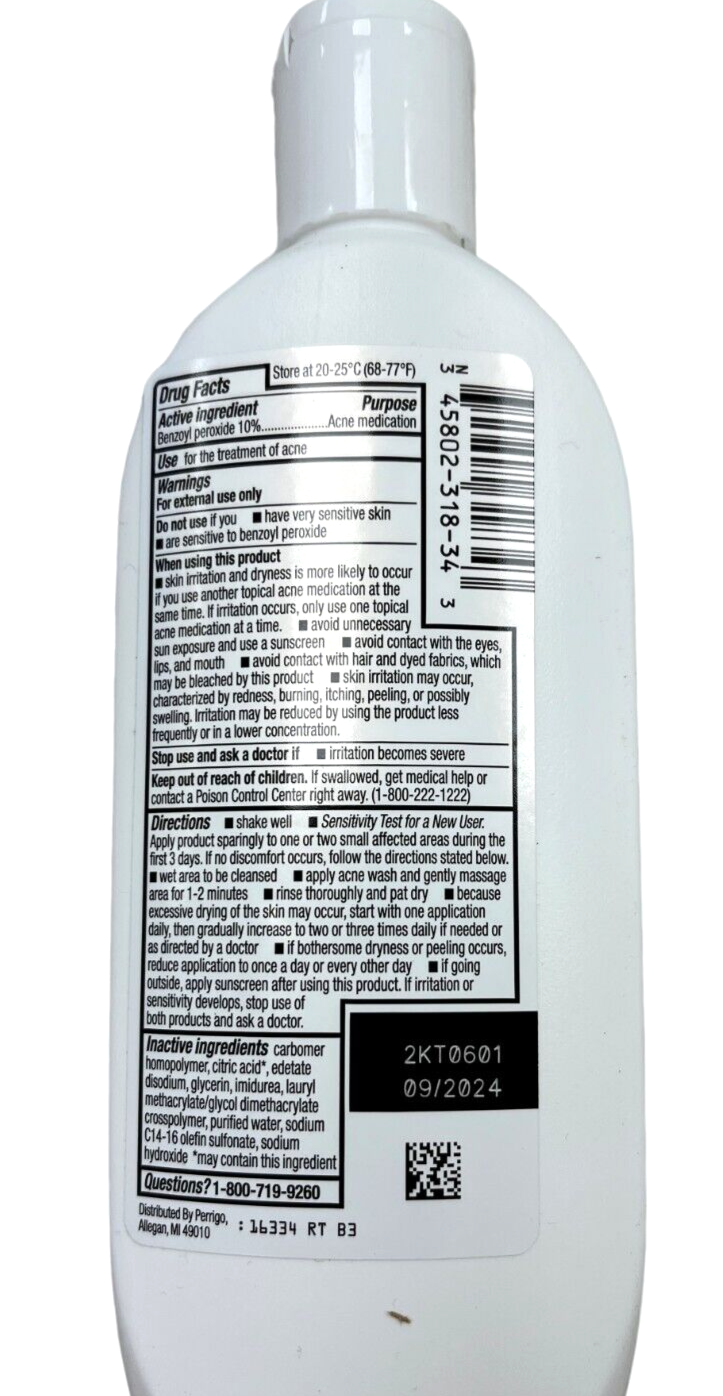 Benzoyl Peroxide 10% WASH 8oz XL SIZE PERRIGO - PHARMACY GRADE ^