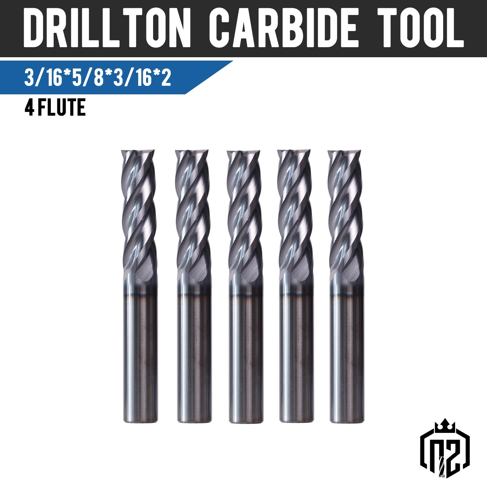 5 PCS 3/16" 4 Flute 2" Overall Length Carbide End Mill AlTiN Coated