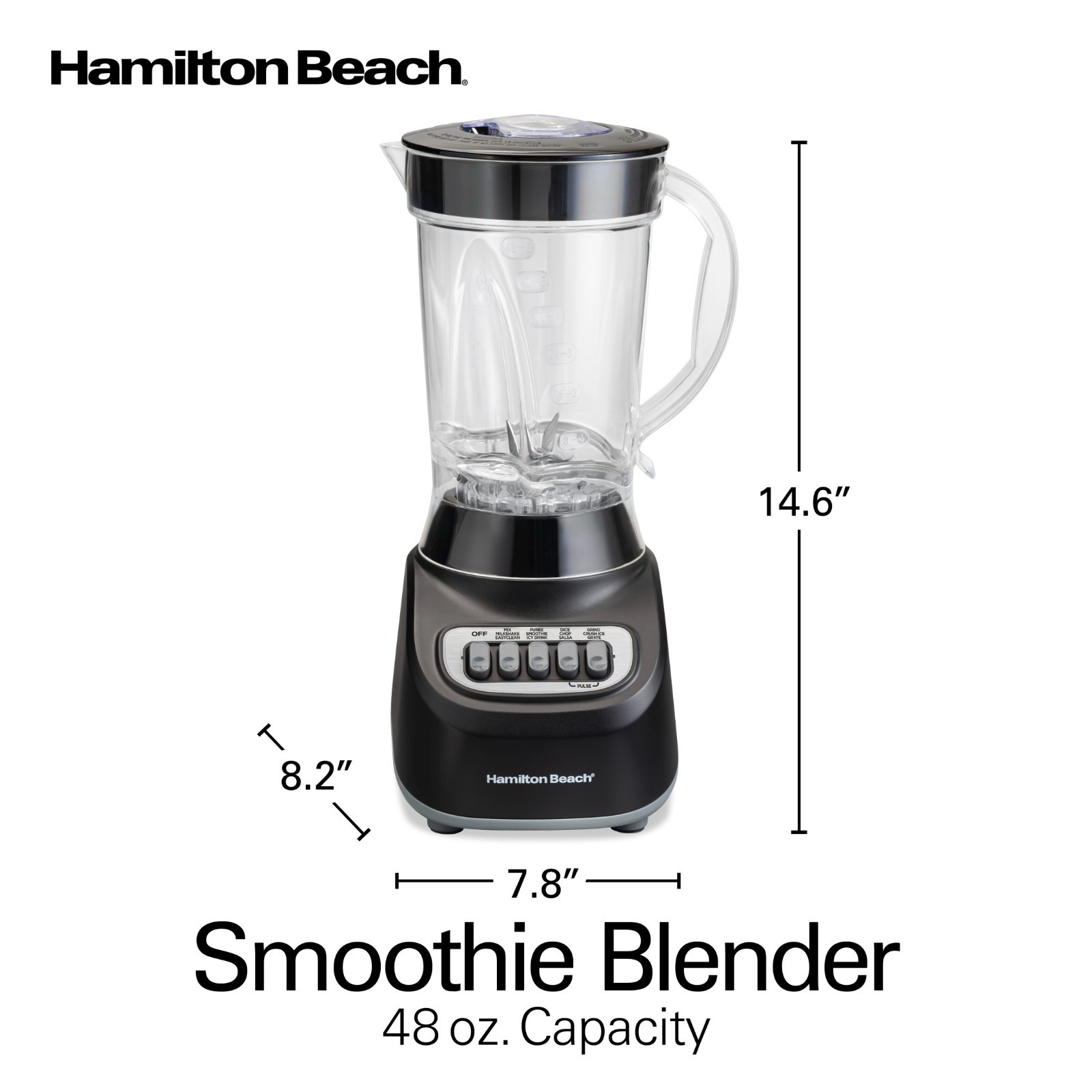 Hamilton Beach Smoothie Blender, 48 oz. Jar, Stainless Steel Blade, High Speed,