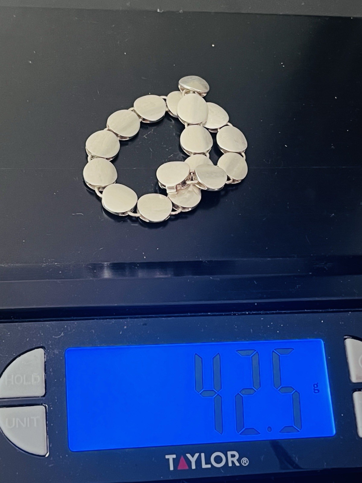 VINTAGE DESIGNER STERLING SILVER BRUSHED DISC MODERNIST LINK BRACELET 43-Grams