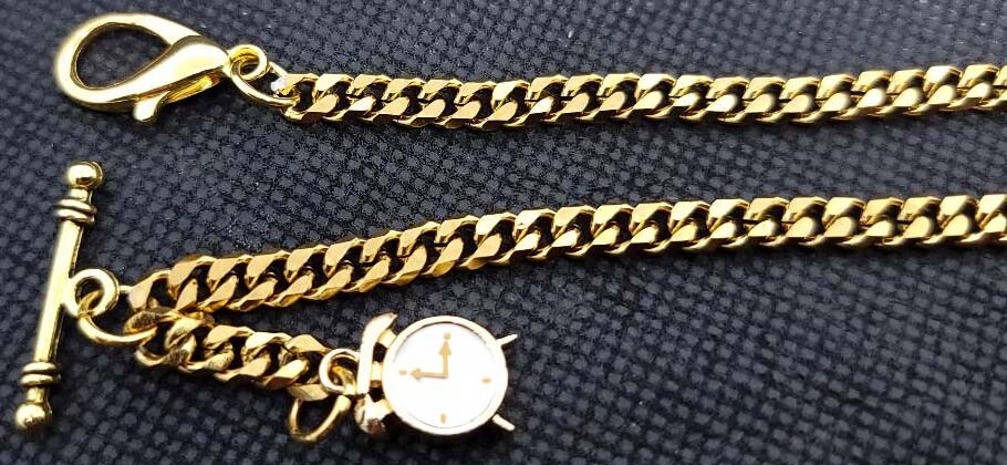Gold Plated Pocket Watch Chain With T-Bar End and Ornate Fob