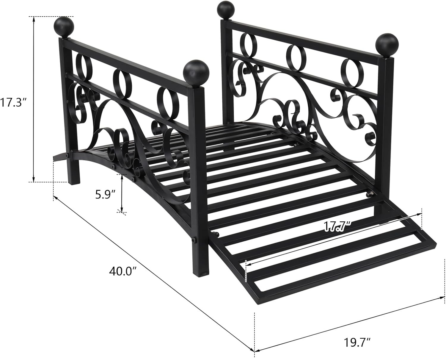 Outdoor Metal Arch Garden Bridge w/Safety Siderails, Decorative Iron Footbridge