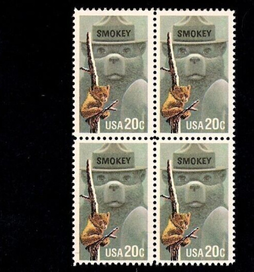 #2096 Smokey Bear Fire Prevention Mint Block of Four US Postage Stamps MNH OG