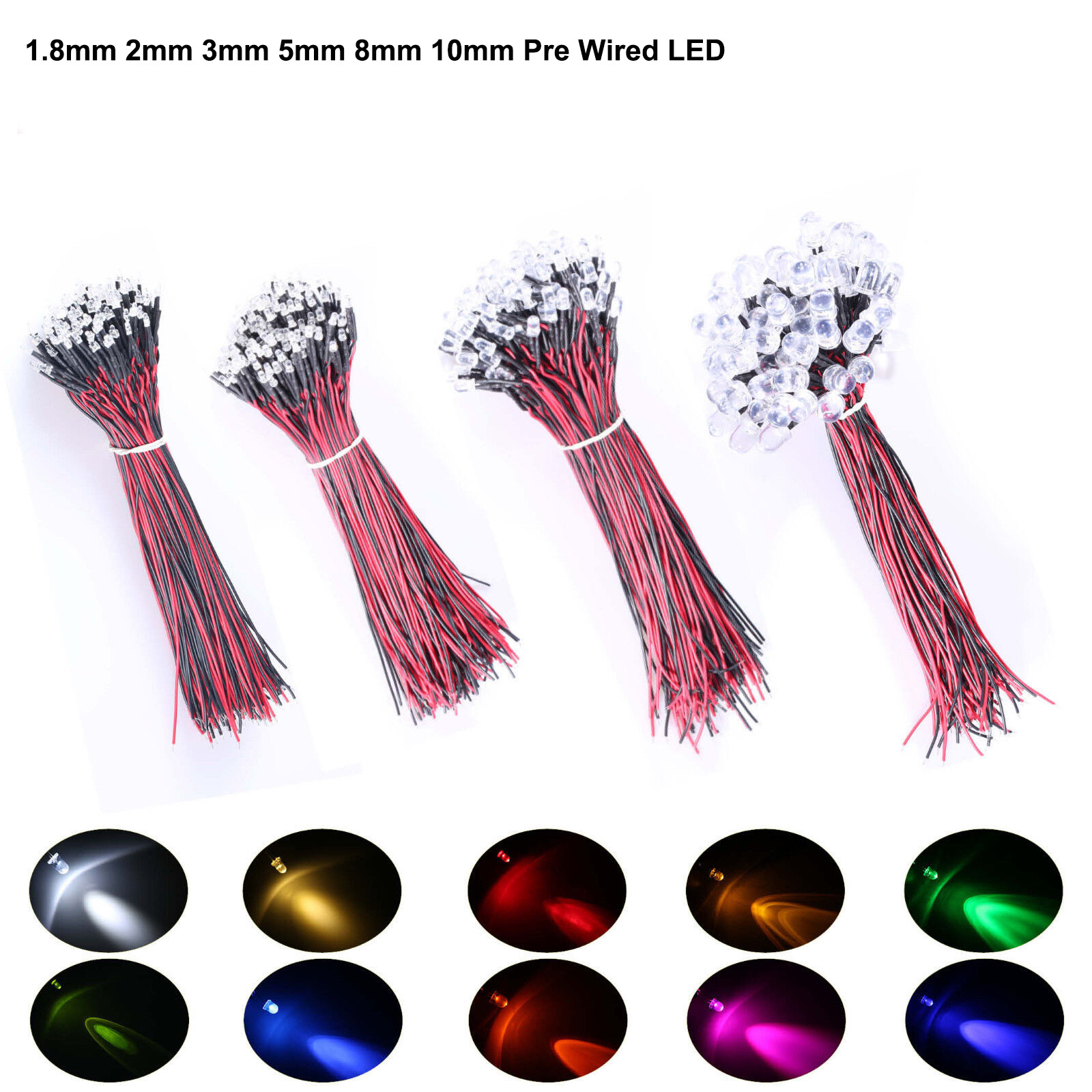 20Pcs 1.8mm 2mm 3mm 5mm 8mm 10mm Pre Wired LED DC9-12V Lights Emitting Diodes
