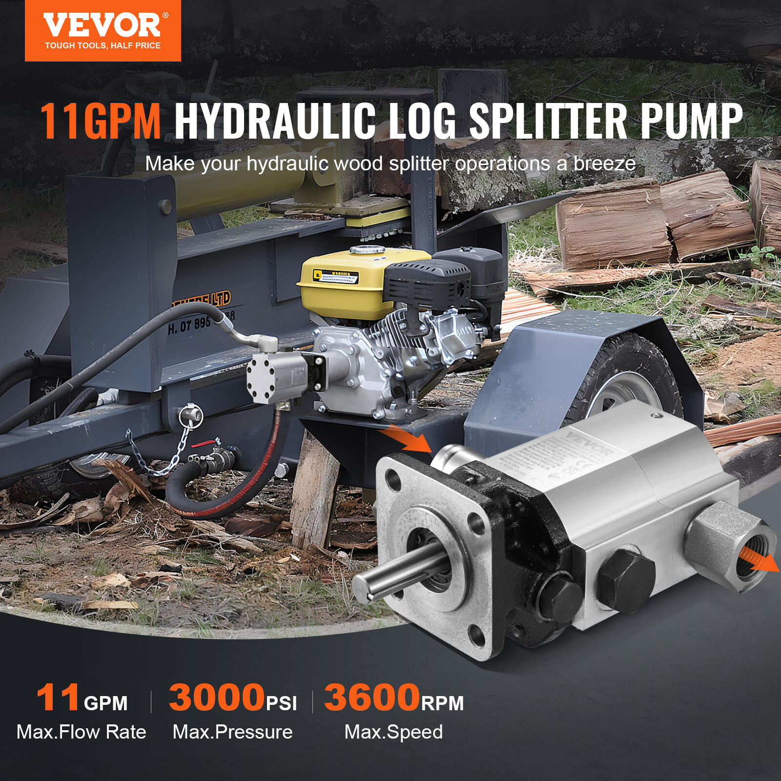 VEVOR Hydraulic Wood Log Splitter Pump 11GPM 2 Stage 3000PSI Hydraulic Gear Pump