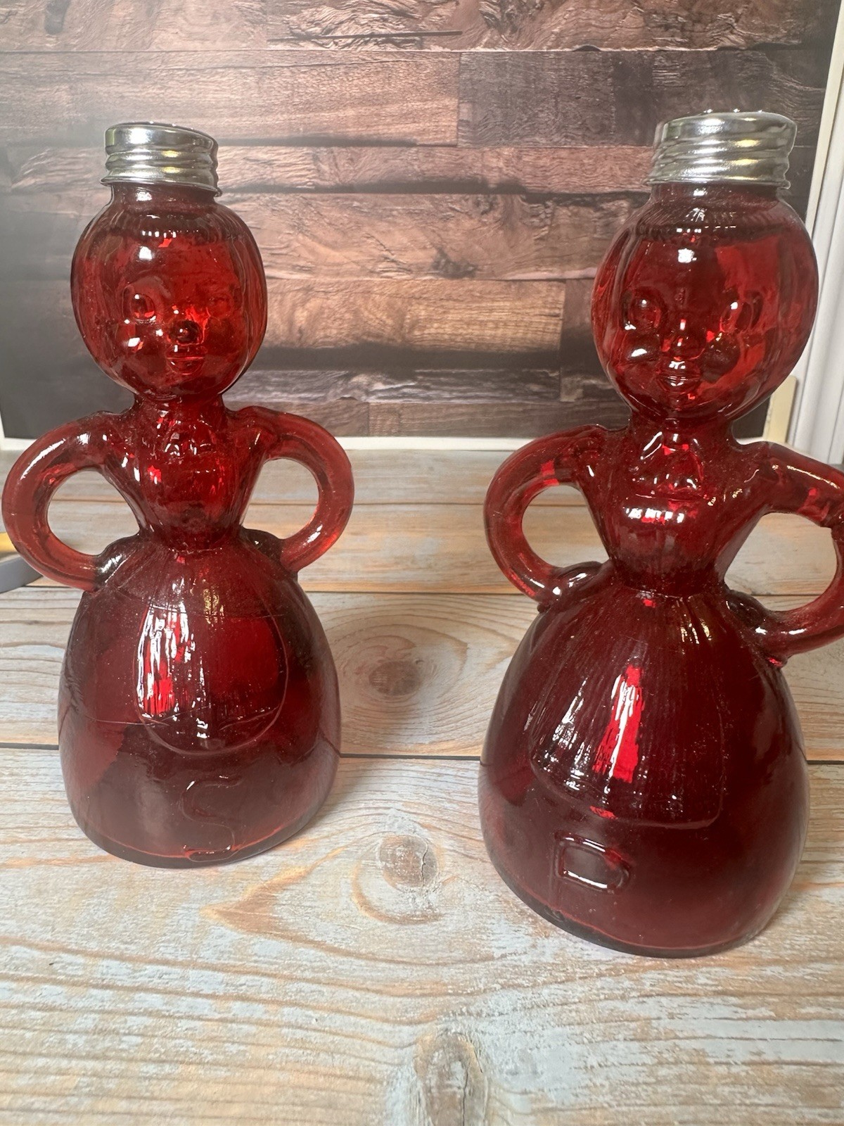 Vintage Ruby Red Glass Merry Maid Salt Pepper Shakers Set Taiwan Figural