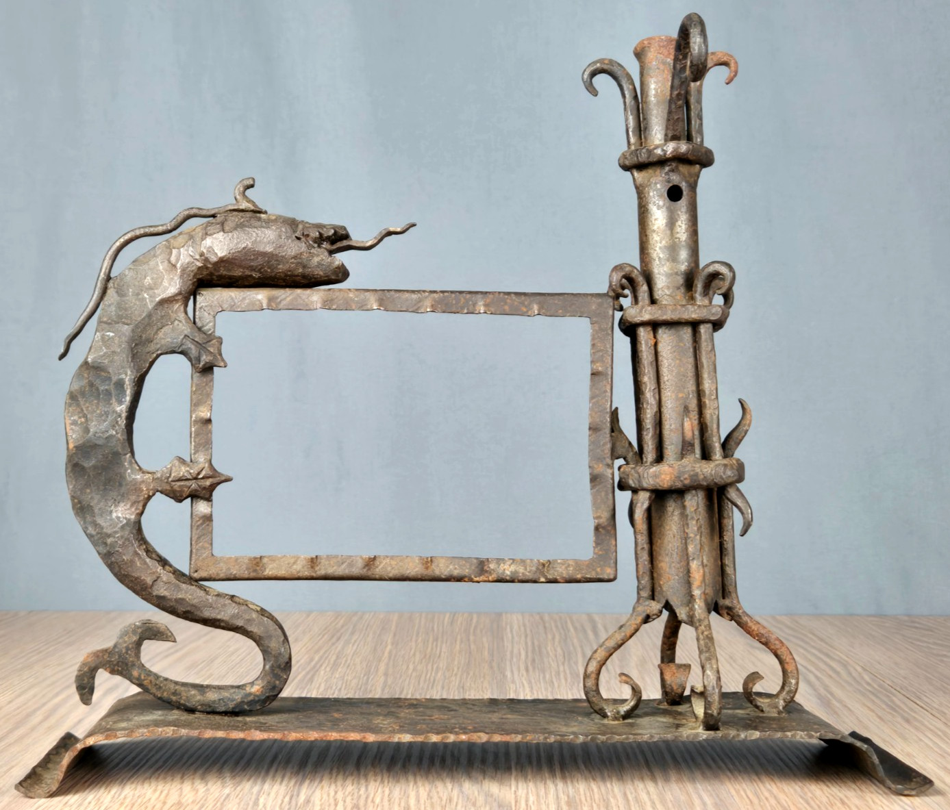 Antique gothic wrought iron dragon/serpent picture frame, hand forged