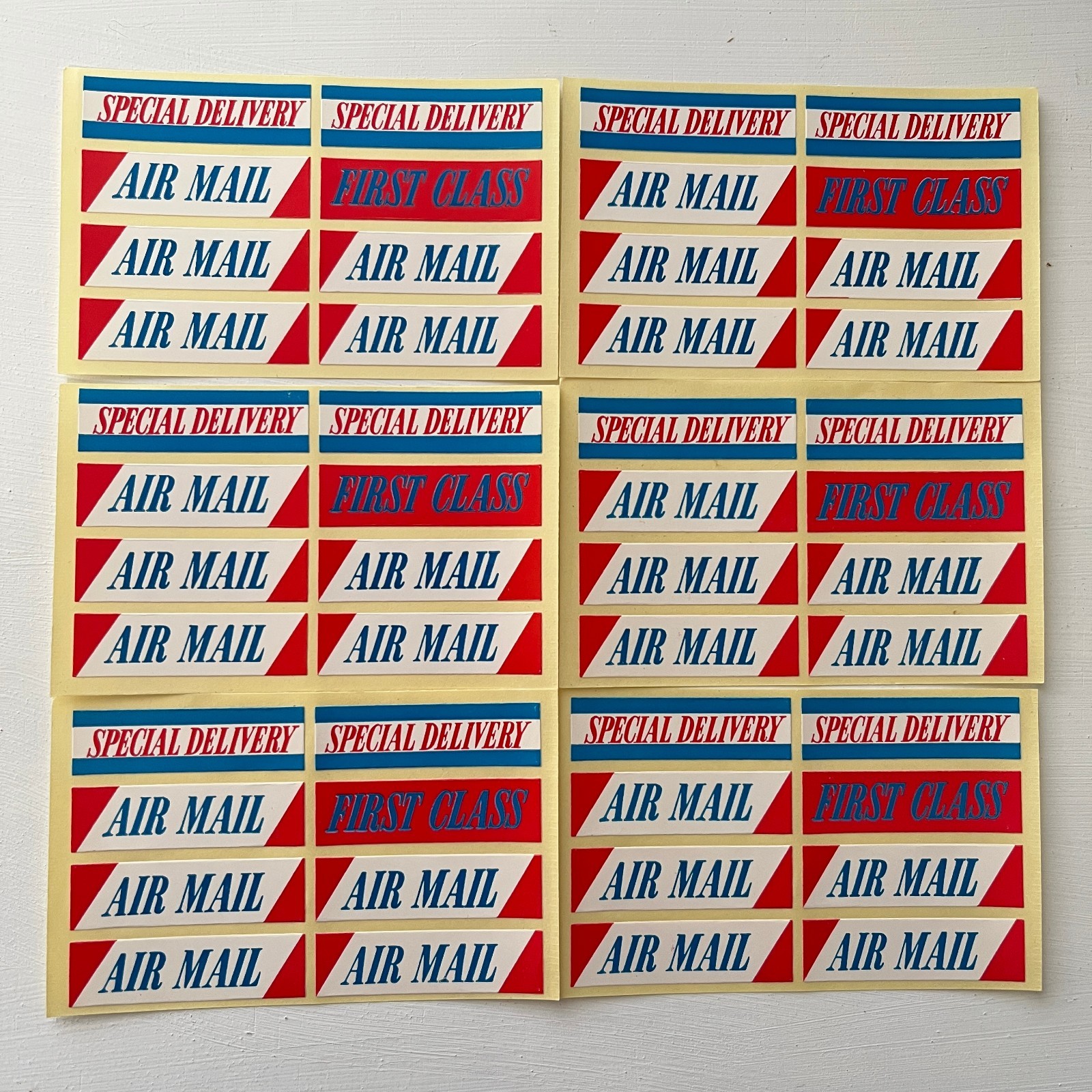 Vintage Air Mail First Class Special Delivery Labels Postal Stickers 6 Sheets