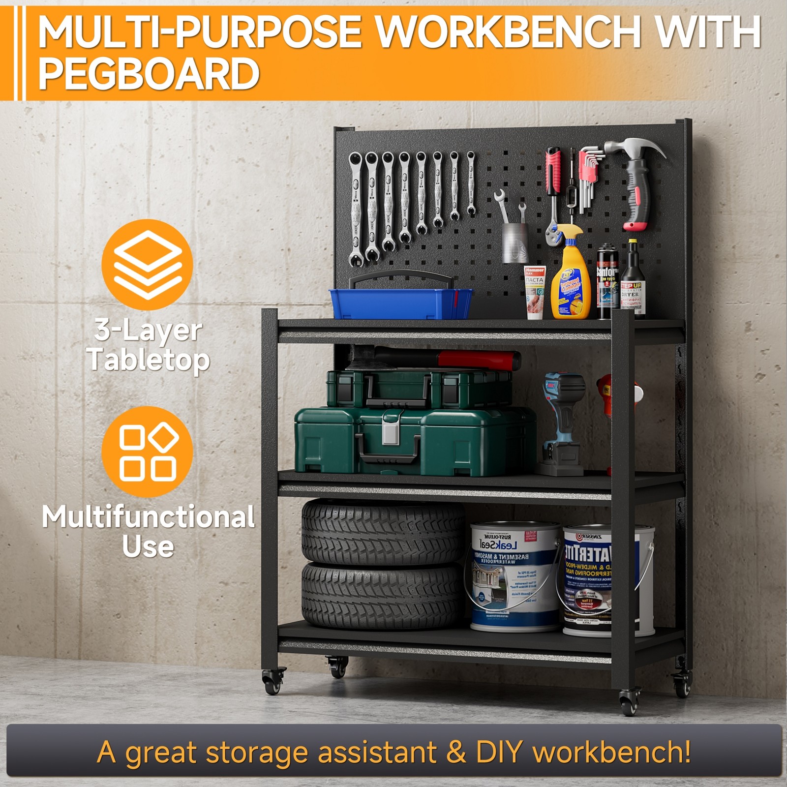 Roling Garage Workbench with Pegboard Adjustable Height Movable Storage Shelving