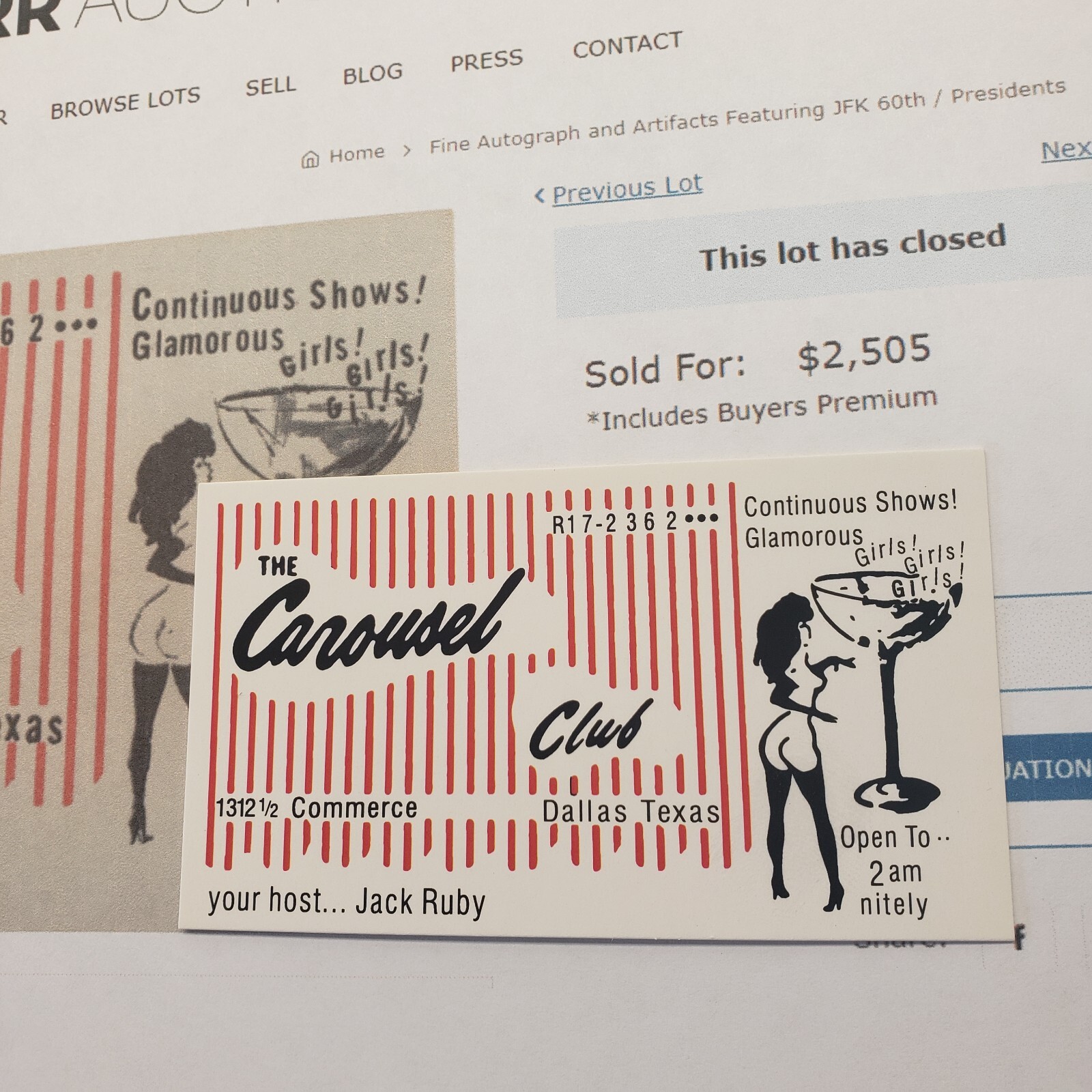 Jack Ruby's business card for Carousel Club - Perfect Replica. $5 ea.