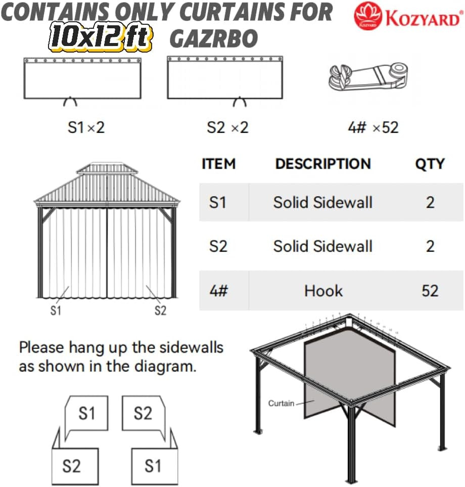 Kozyard 10' X 12'Outdoor Gazebo Privacy Curtain Sidewall, Waterproof Patio Priva