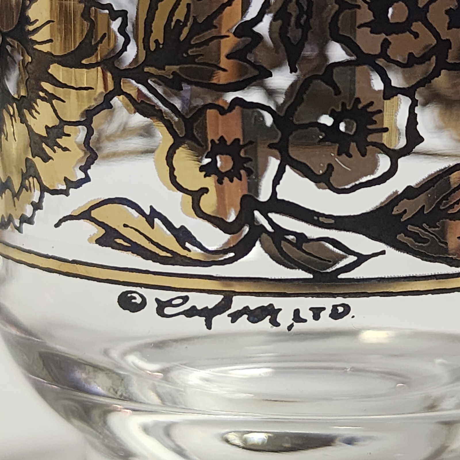 6 Early Culver Gold and Black Rare Chantilly Pattern Footed Cocktail Glasses 50s