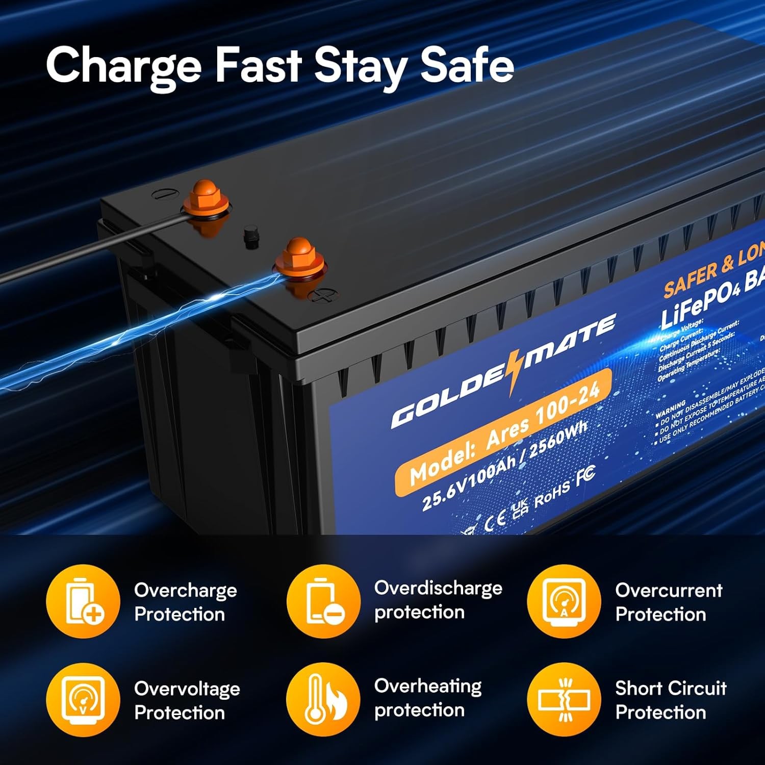 Goldenmate 24V 100Ah LiFePO4 Deep Cycle Battery with Smart BMS for Solar RV Home