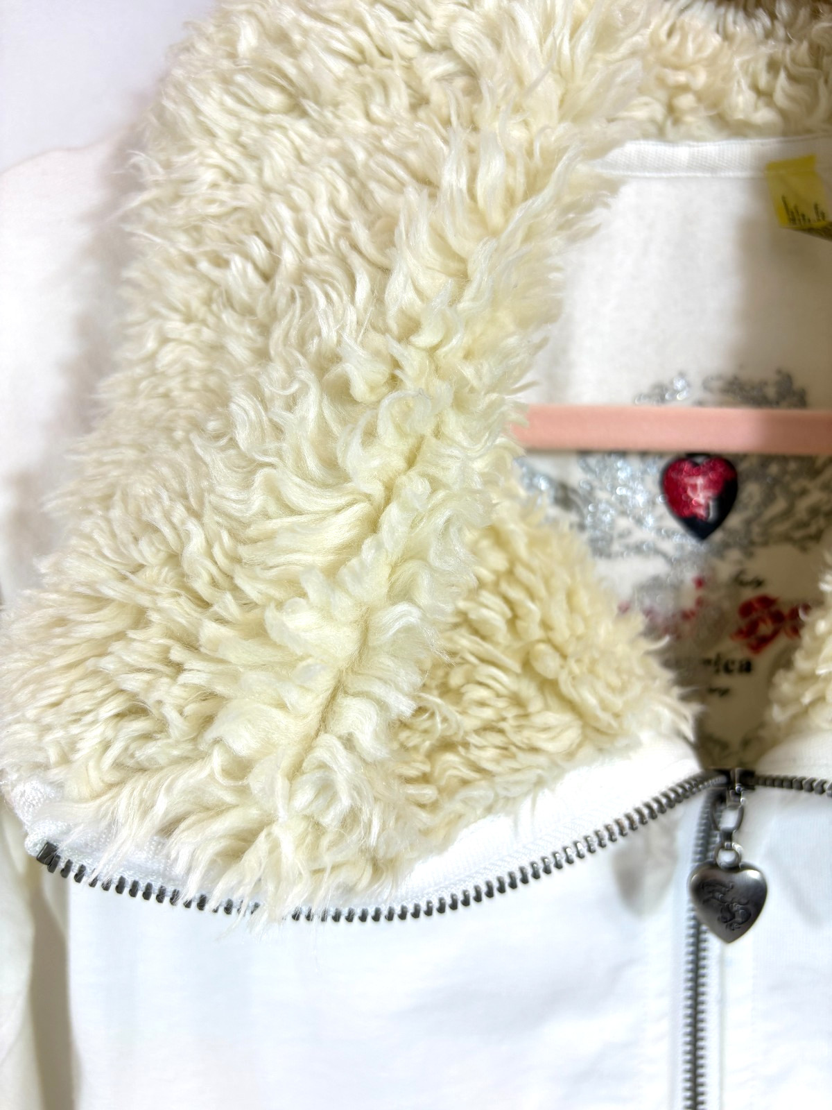 TWISTED HEART BEADED HEART Embroidered Zip Up Faux Fur Trim Hoodie Sz XS NWT