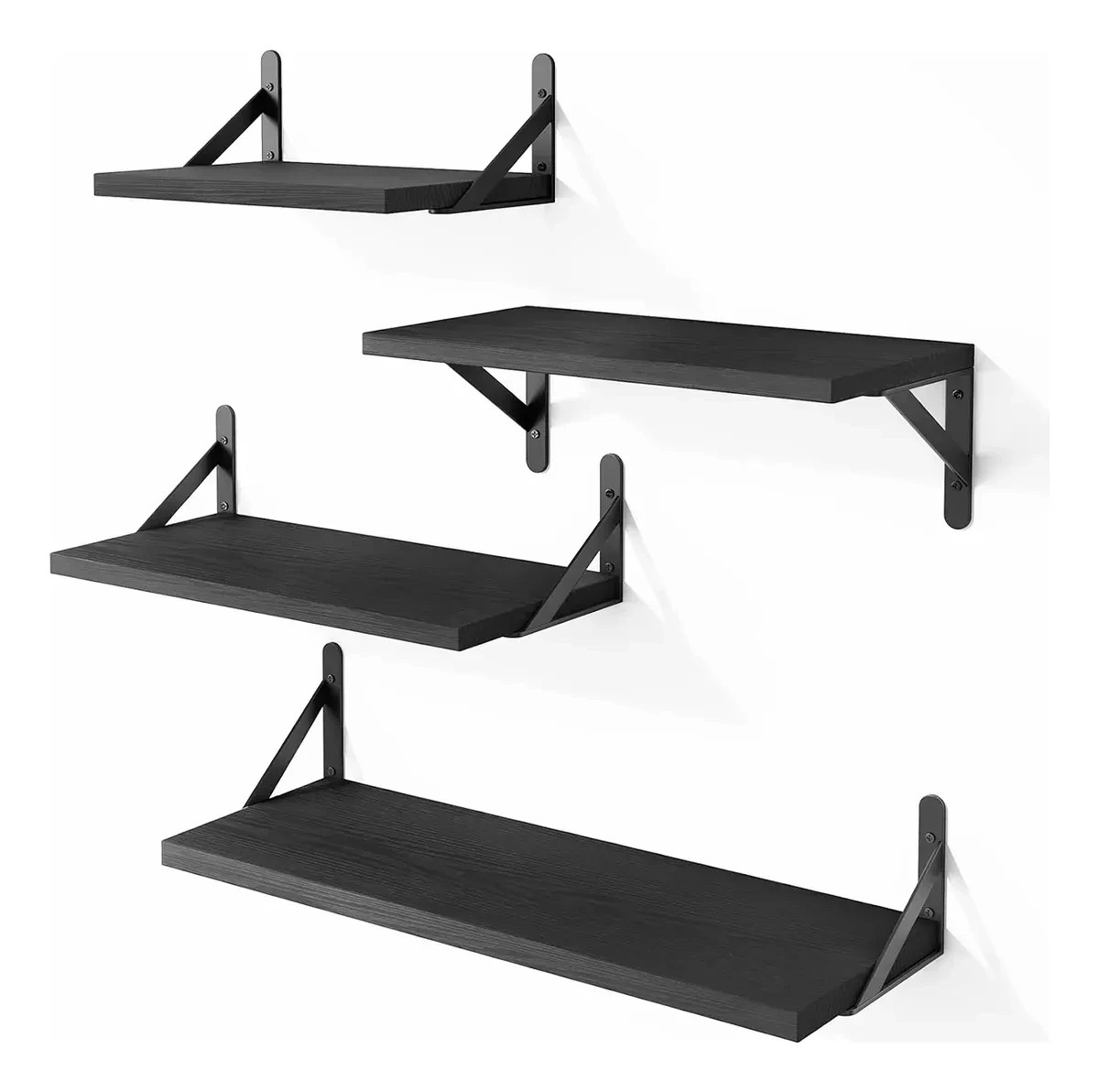 4 Minimalist Wooden Floating Shelves for Home Decor, Black - NEW