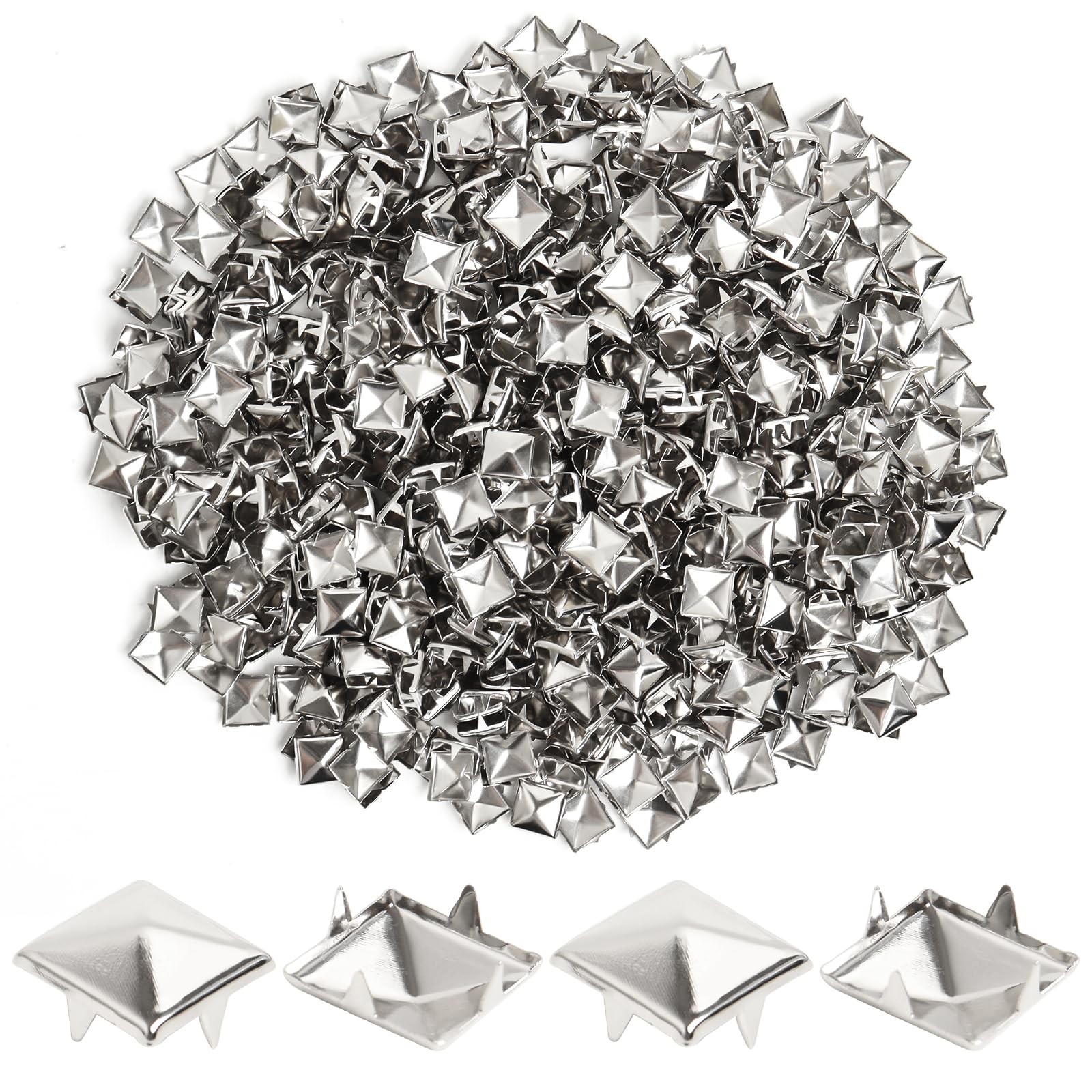 1000 Pcs 10mm Silver Studs for Clothing Four-jaw Square Punk Spikes Pyramid Stud