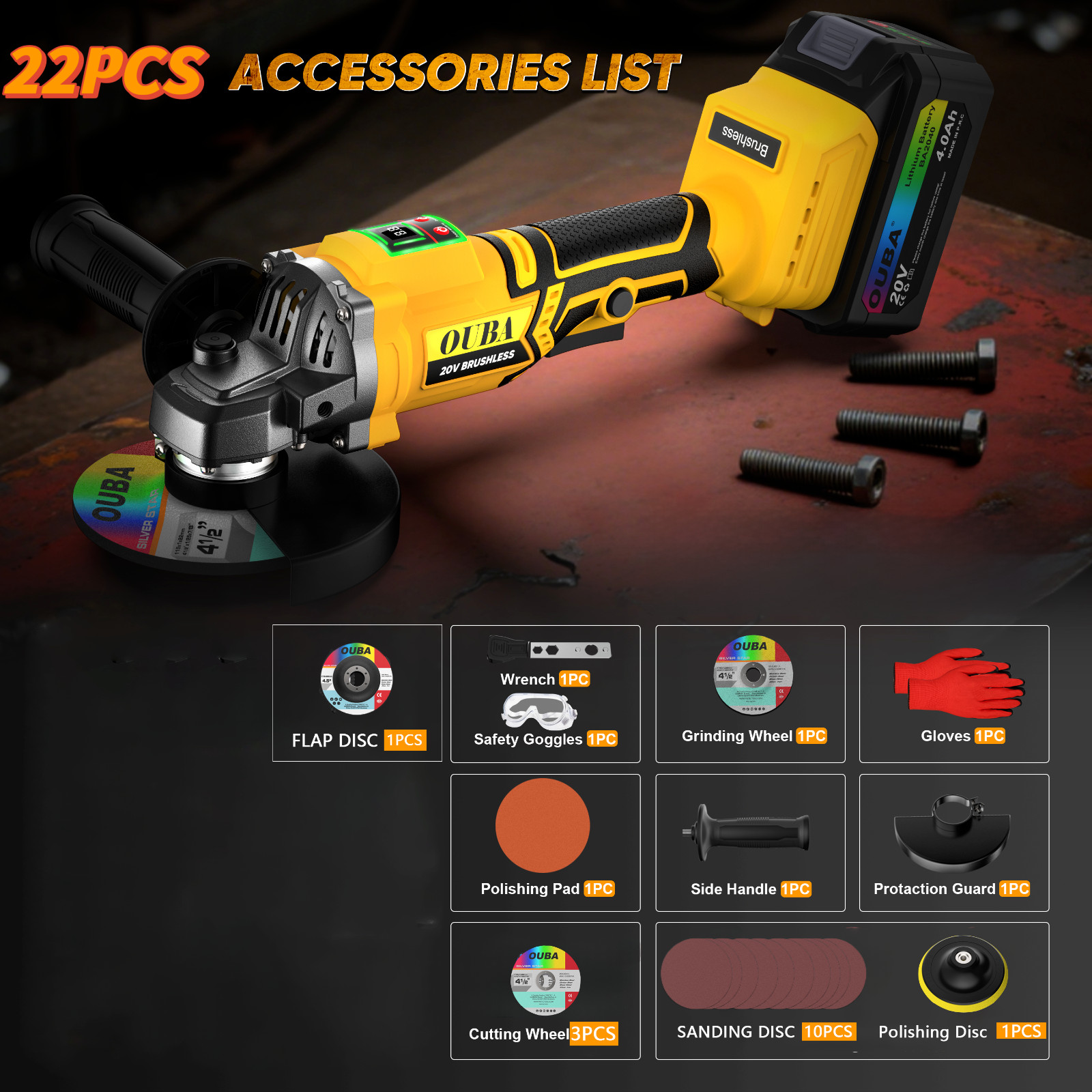 Cordless Angle Grinder Compatible Dewalt 20V MAX Battery 4-1/2" to 5" Brushless