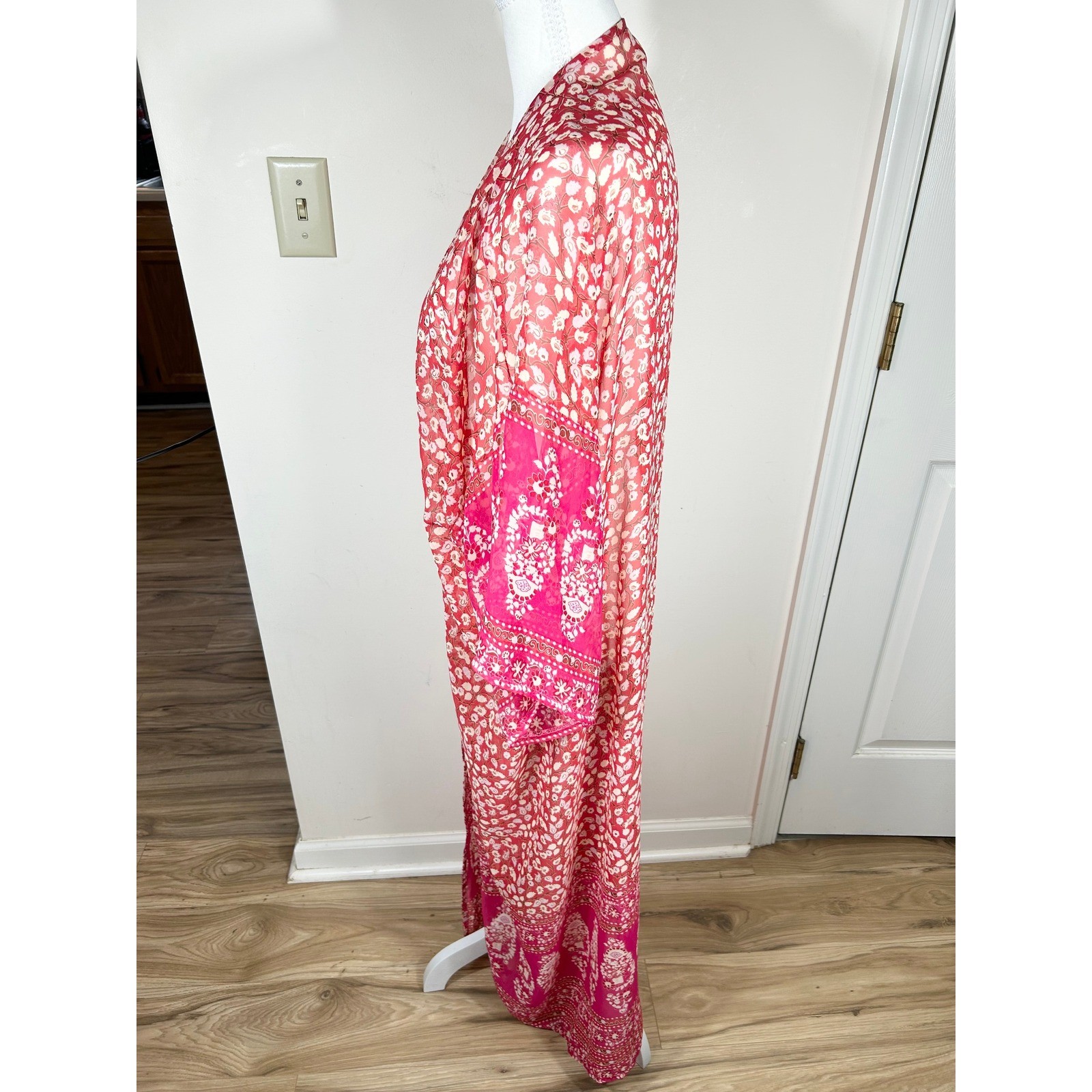 Pink Floral Long Duster Kimono Open Front Beach Cover Up OS BOHO Semi Sheer