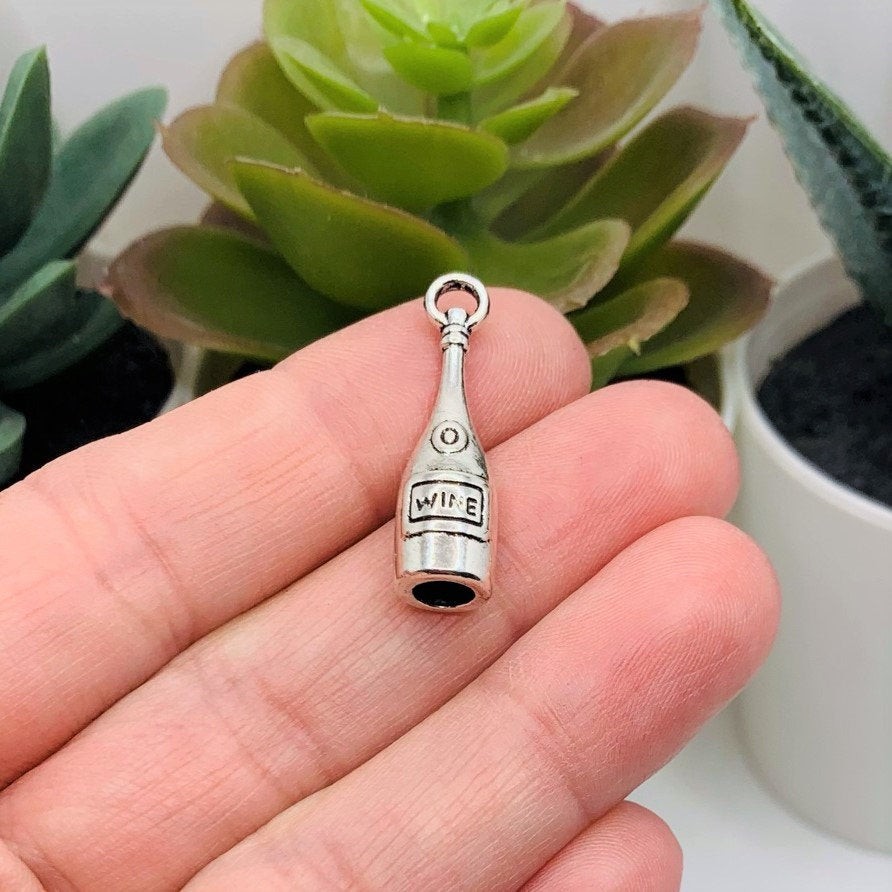 Silver Wine Bottle 3D Charms, 28x8mm - US Seller
