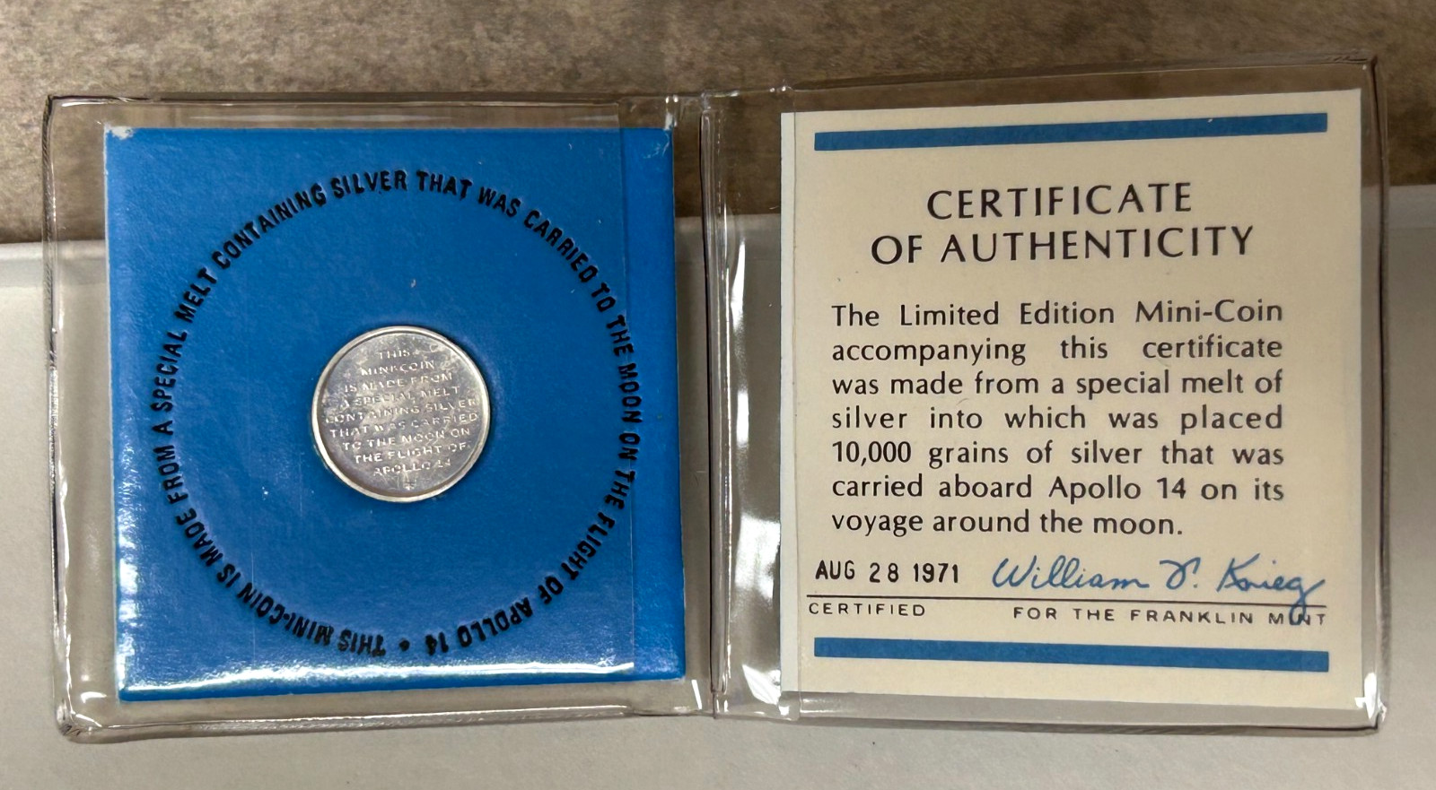 1971 Franklin Mint Apollo 14 Silver Medal - On Board Command Module