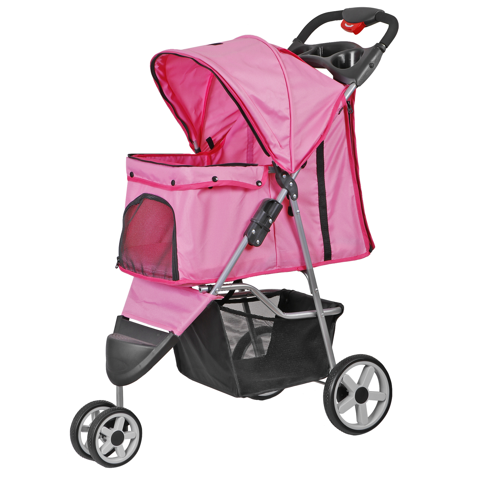 3 Wheels Pet Stroller Foldable Dog Stroller Cart Cat Carrier w/Cup Holder Pink