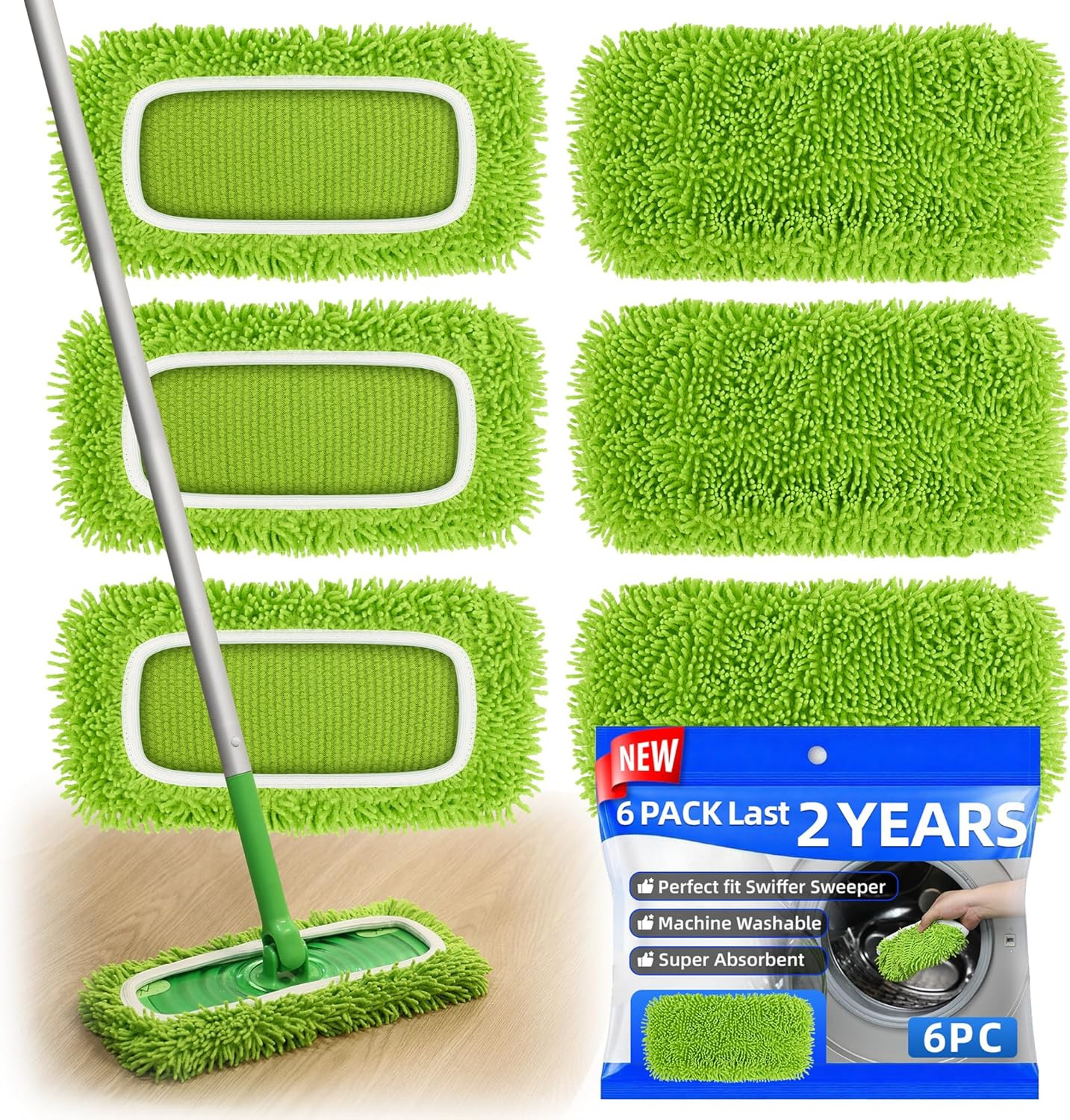 6 Pack Reusable Chenille Mop Pads 10–12 Inch Wet Dry Washable Refills